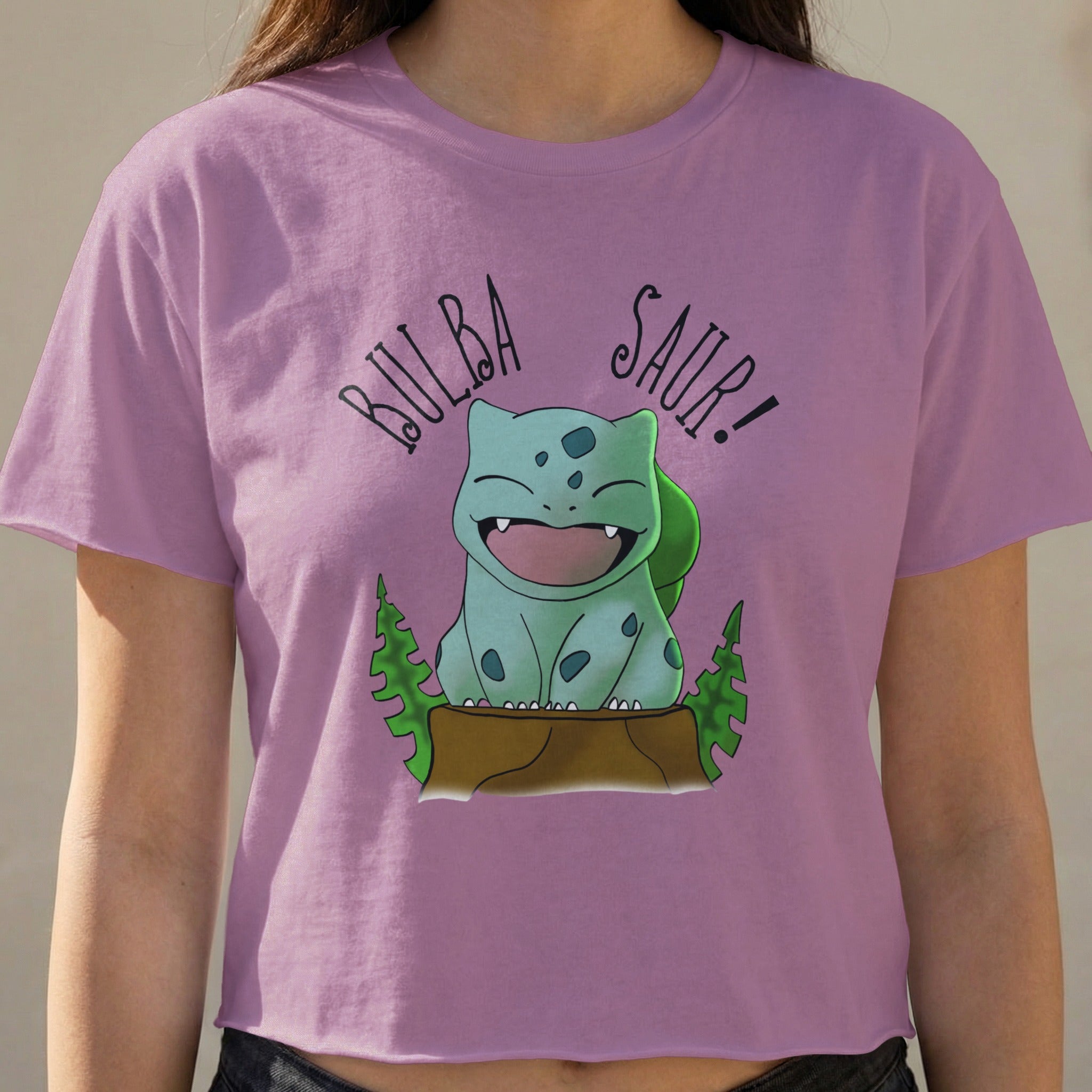 Bulbasaur illustration on a purple crop top with "Bulbasaur!" text.
