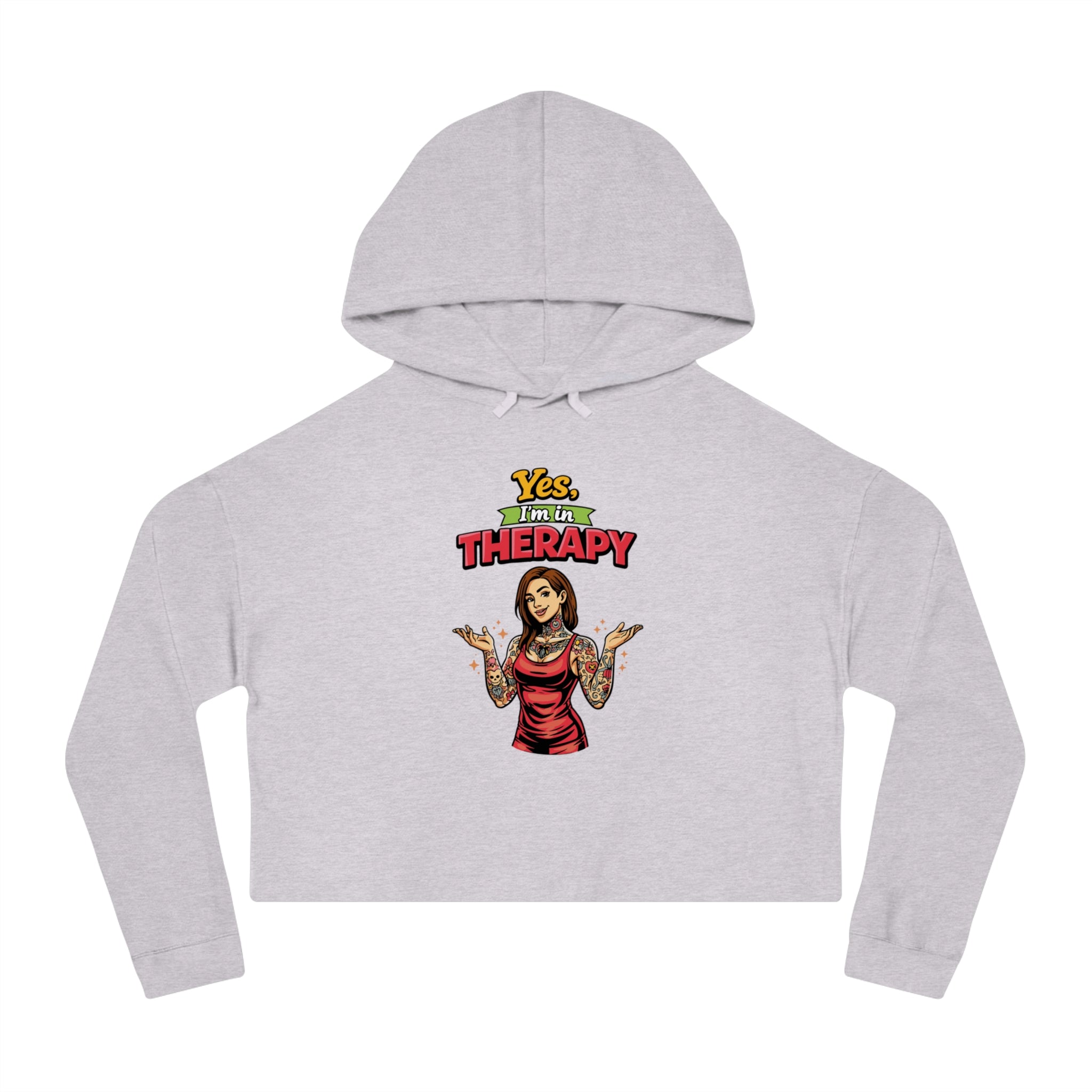 Grey cropped hoodie with "Yes, I'm in THERAPY" text and tattooed woman graphic.
