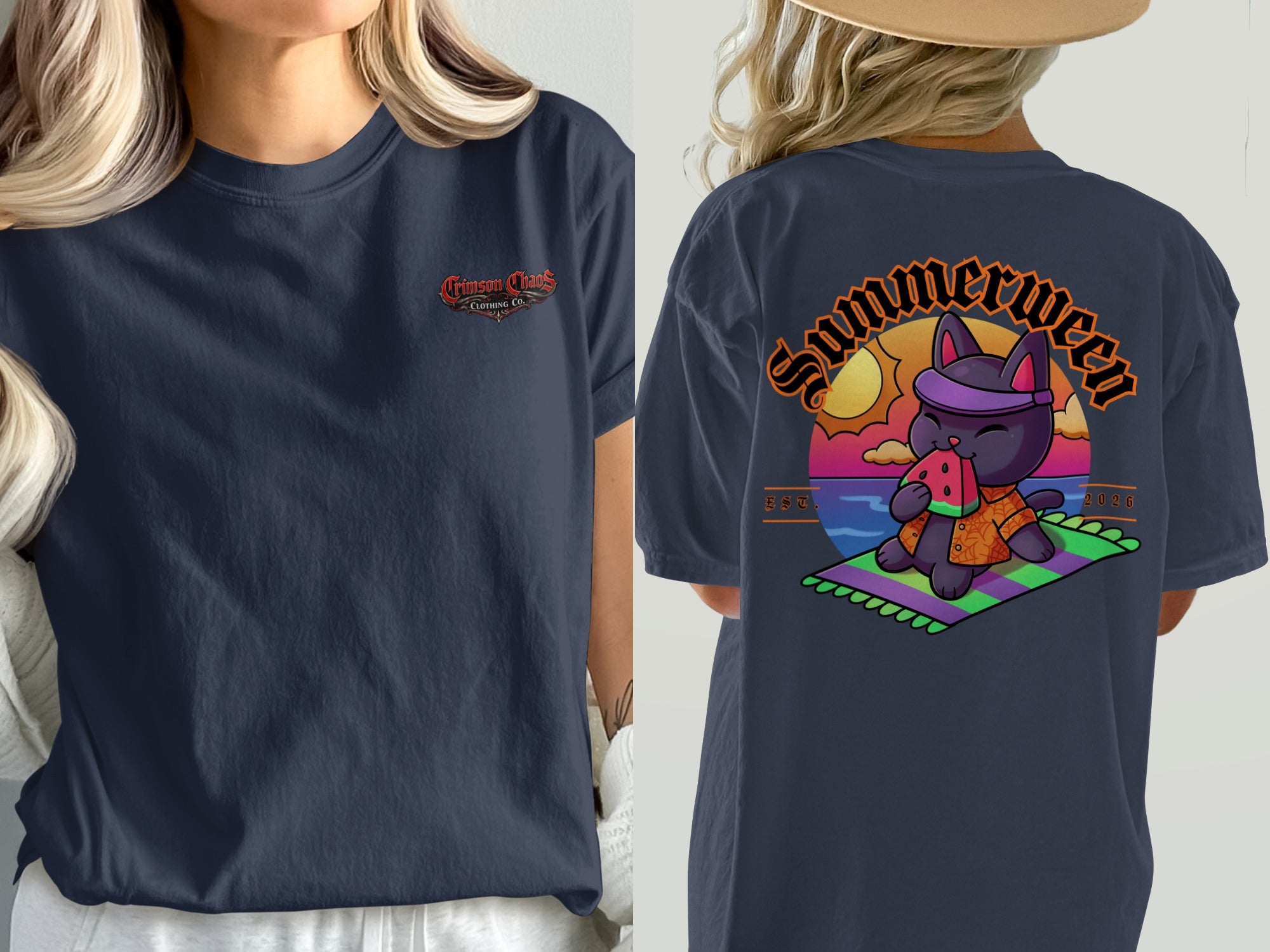 Dark navy t-shirt with "Crimson Chaos Clothing Co." logo on front and cartoon cat eating watermelon on back.