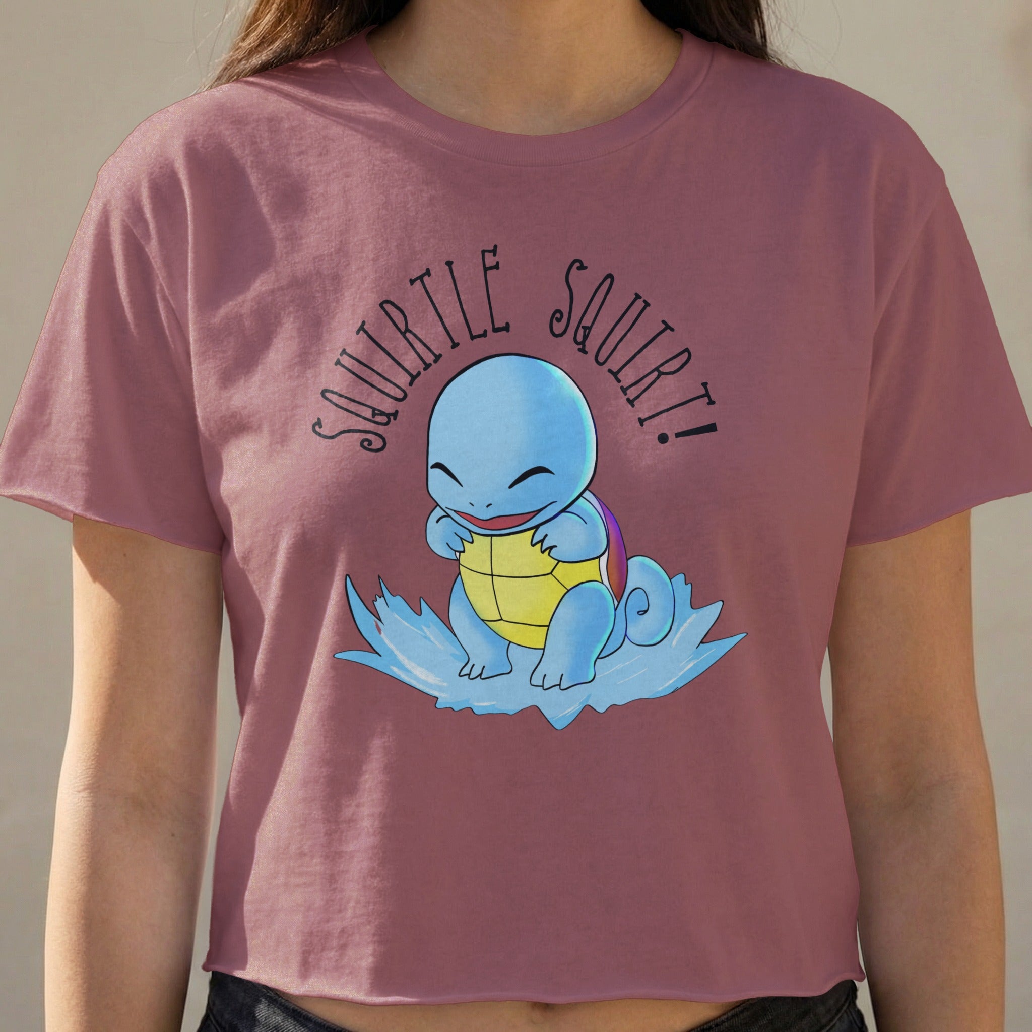 Squirtle from Pokemon on a blue wave, with text "SQUIRTLE SQUIRT!"