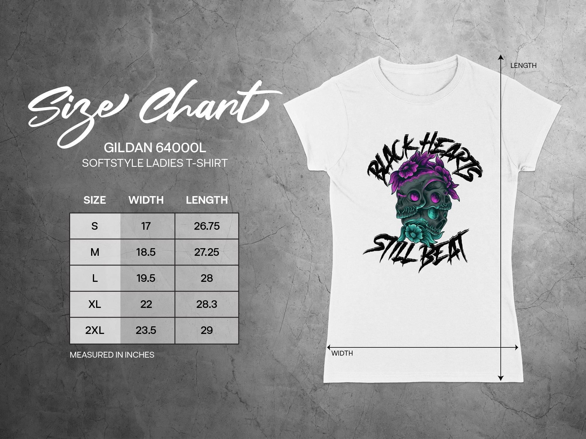 Gildan 64000L softstyle ladies t-shirt size chart with measurements.