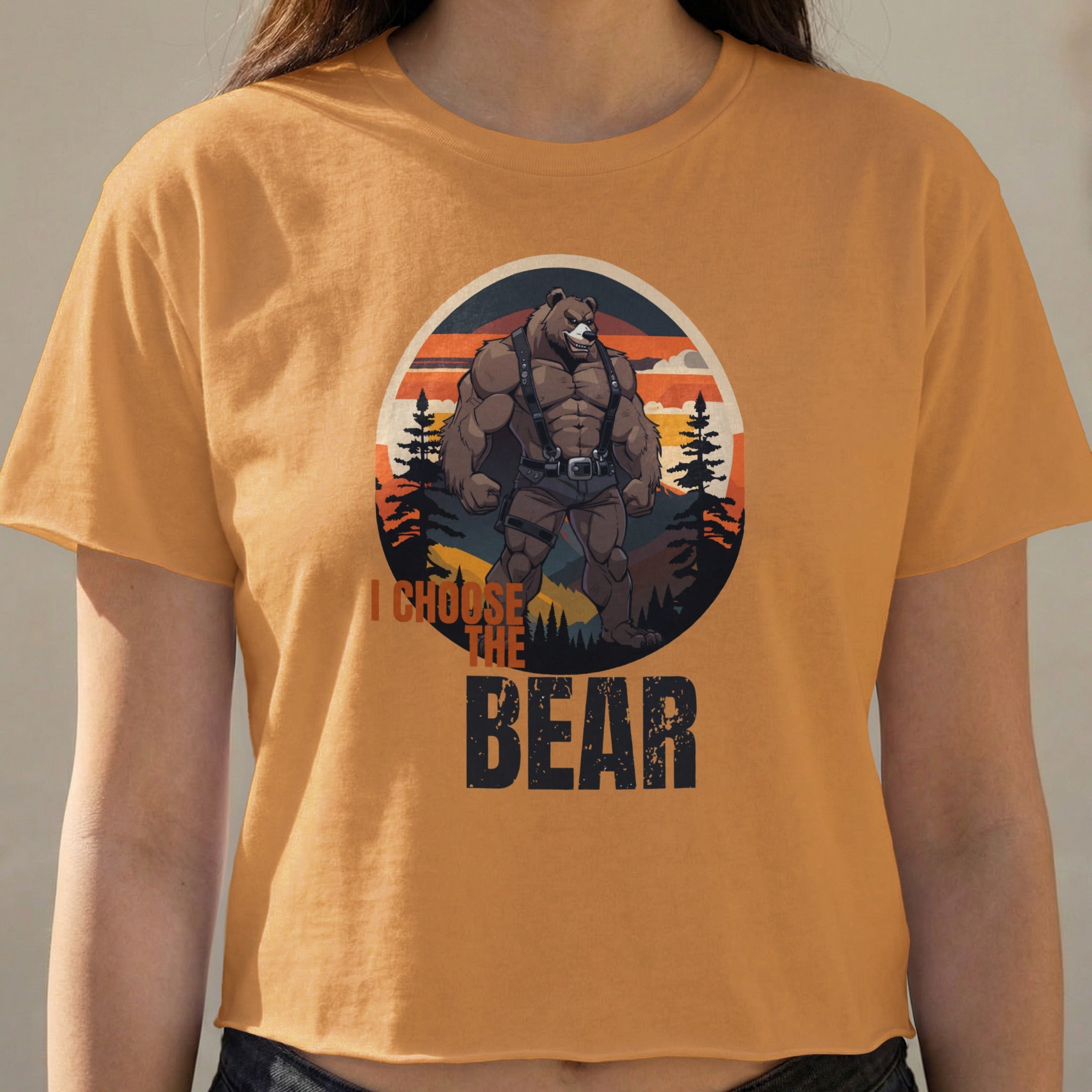 Graphic tee with muscular bear illustration and text "I CHOOSE THE BEAR."