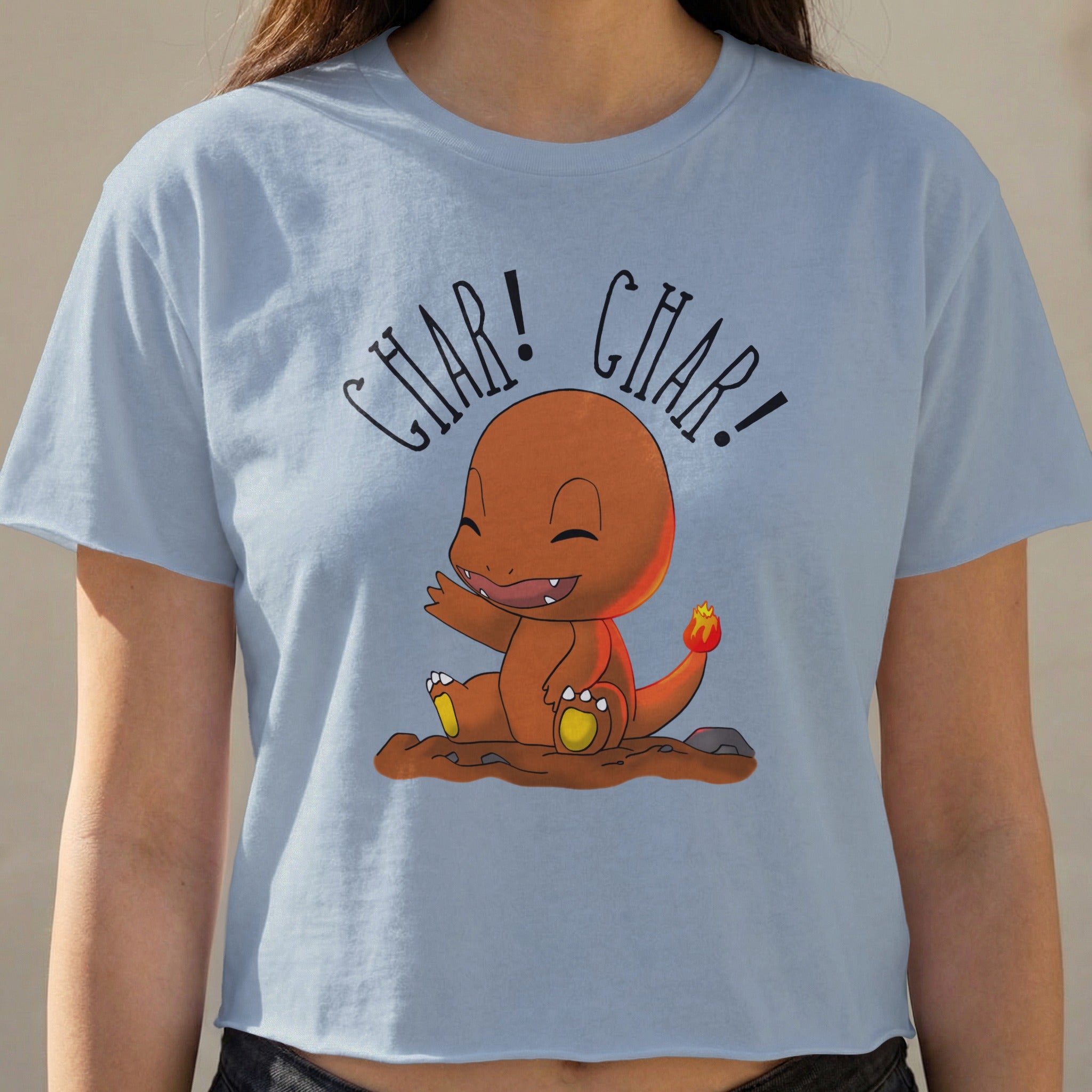 Charmander t-shirt with "Char! Char!" text and character sitting.