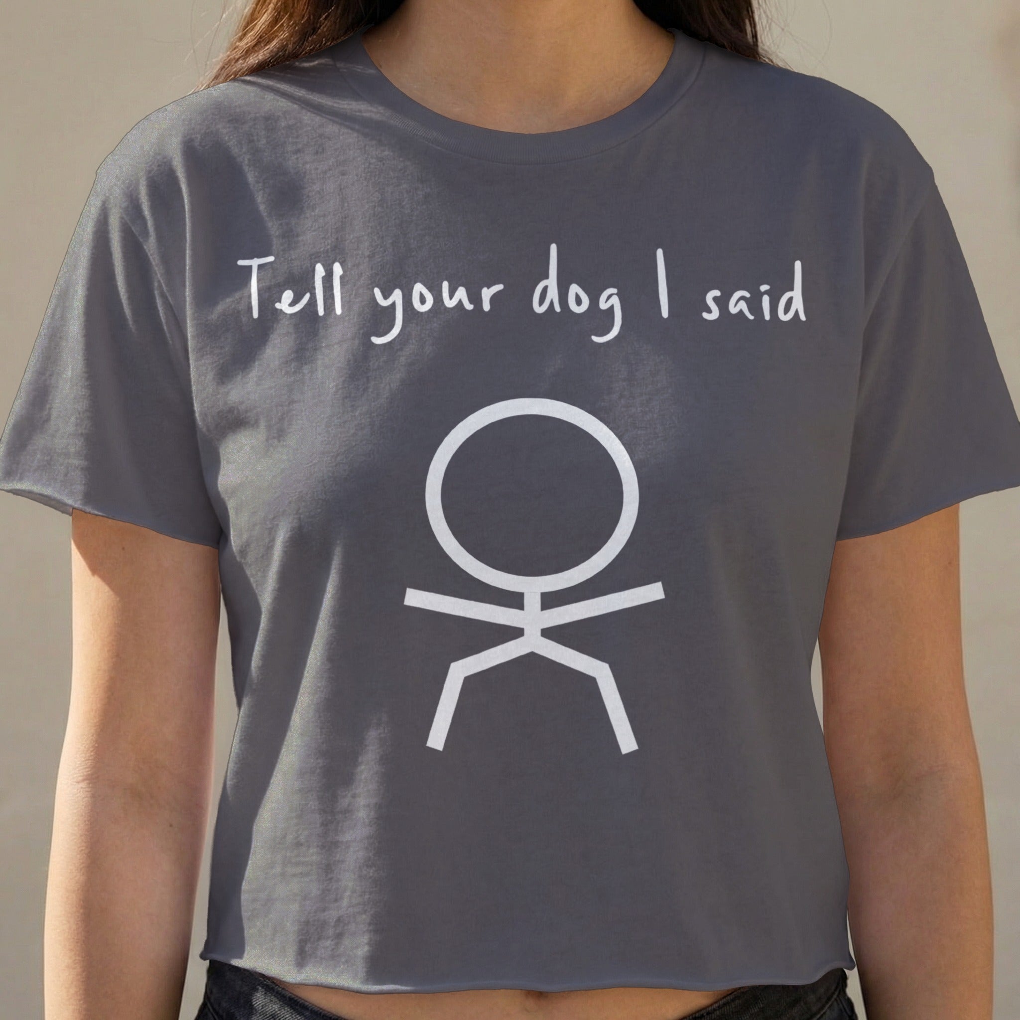 Gray cropped t-shirt with "Tell your dog I said" and stick figure.