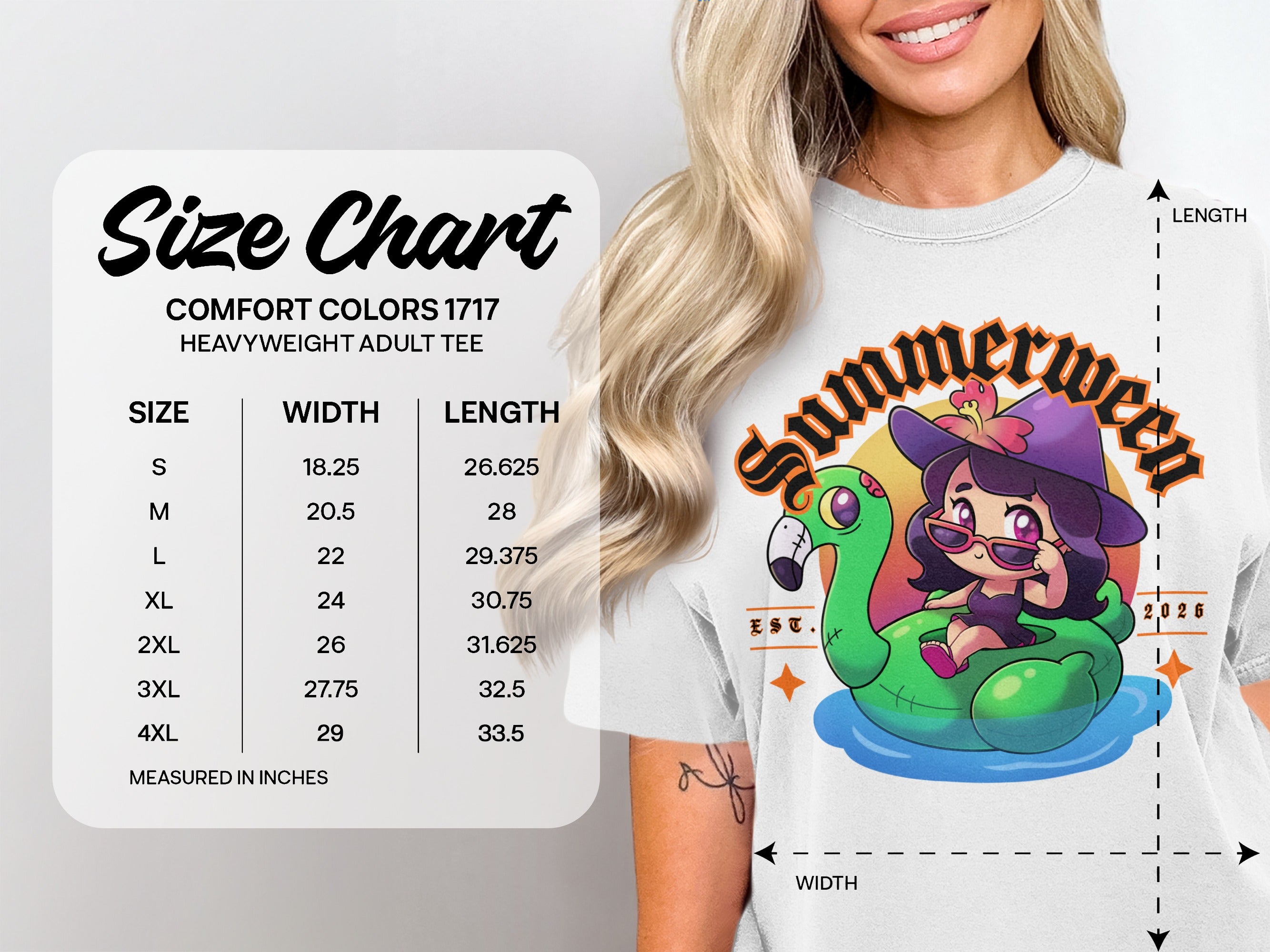 Comfort Colors 1717 heavyweight adult tee size chart with width and length measurements in inches.
