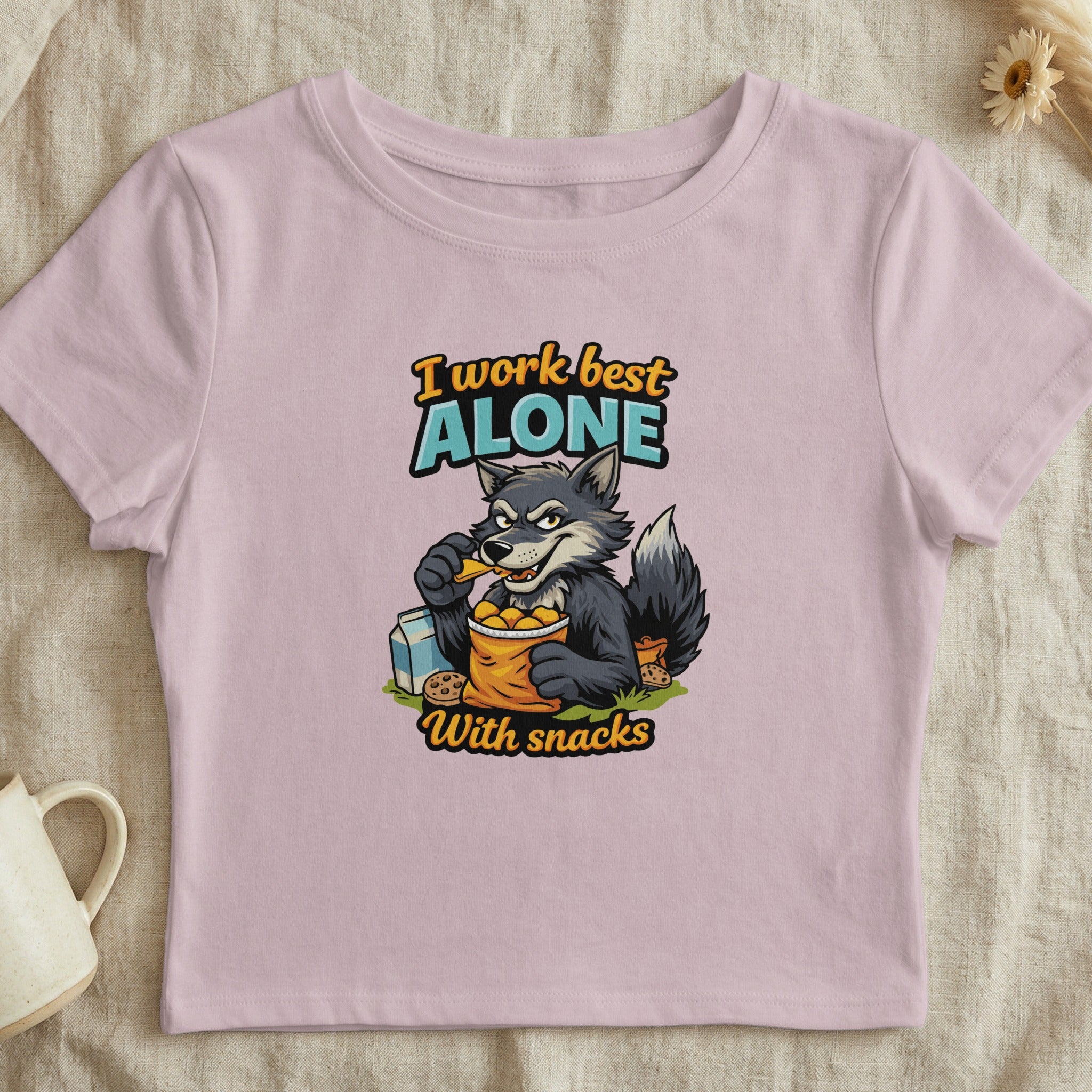 I work best alone with snacks wolf graphic shirt