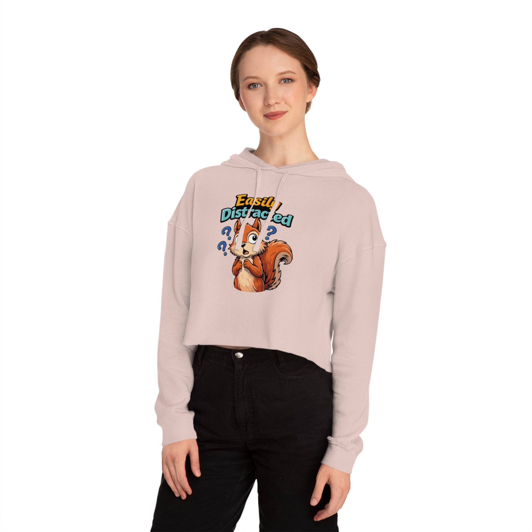 Cropped hoodie featuring a cartoon squirrel with the text "Easily Distracted".
