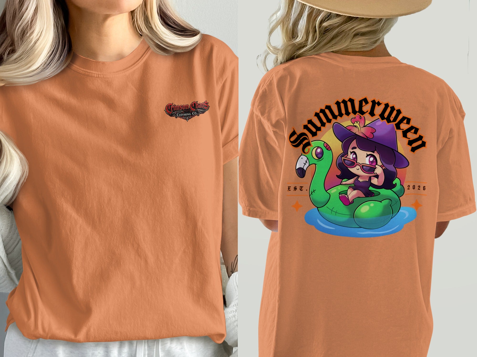 Orange t-shirt with a small "Crimson Chaos Clothing Co." logo on front and a witch on a flamingo float graphic on back.