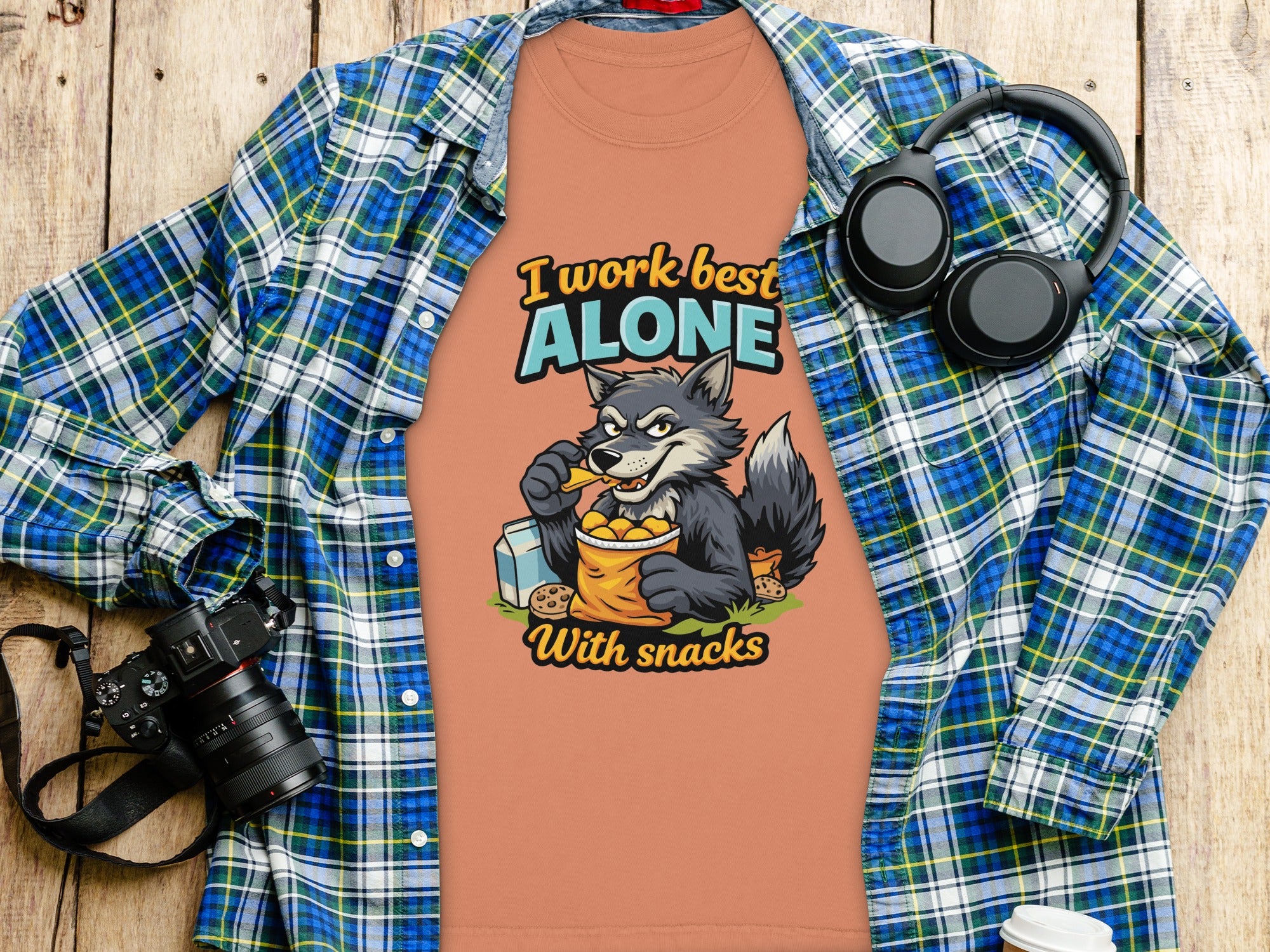 I Work Best Alone with Snacks Funny Wolf T-shirt