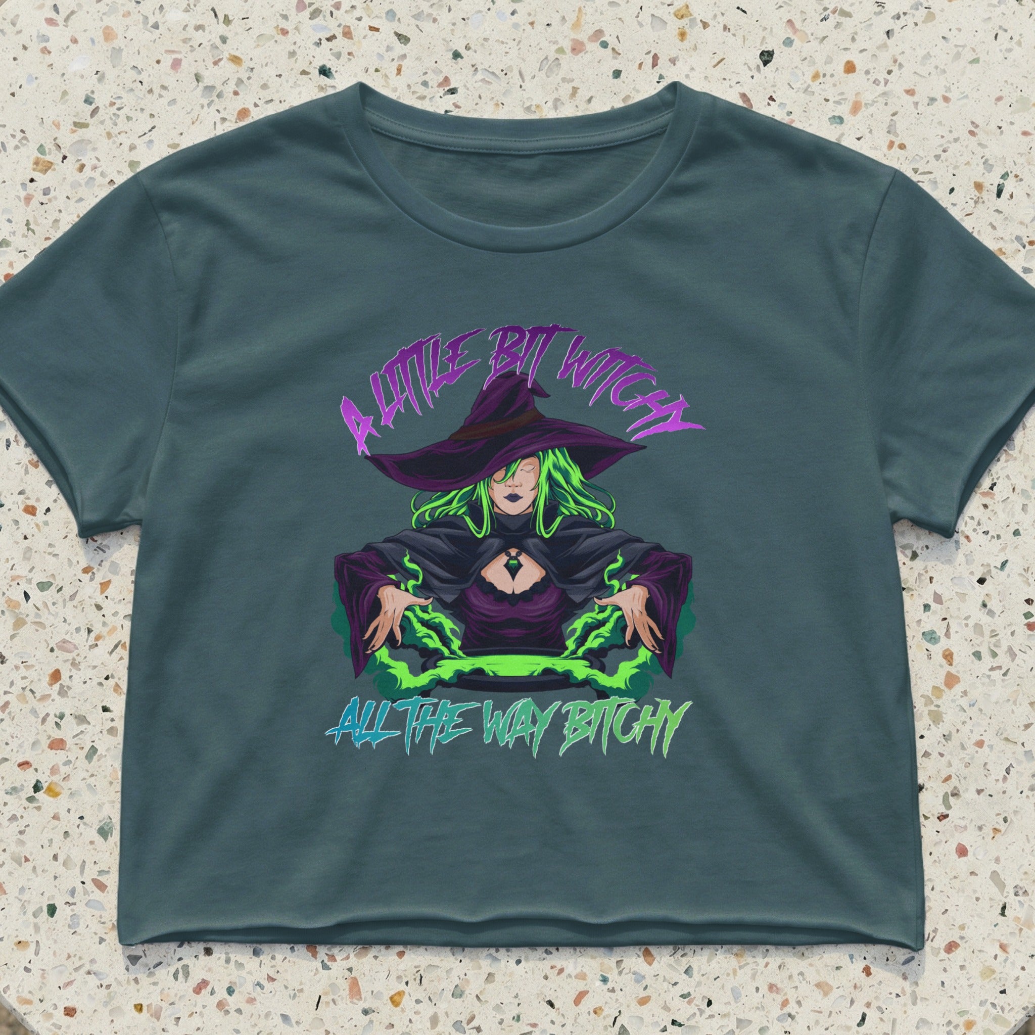 Crop top with witch illustration and text "A Little Bit Witchy All The Way Bitchy".