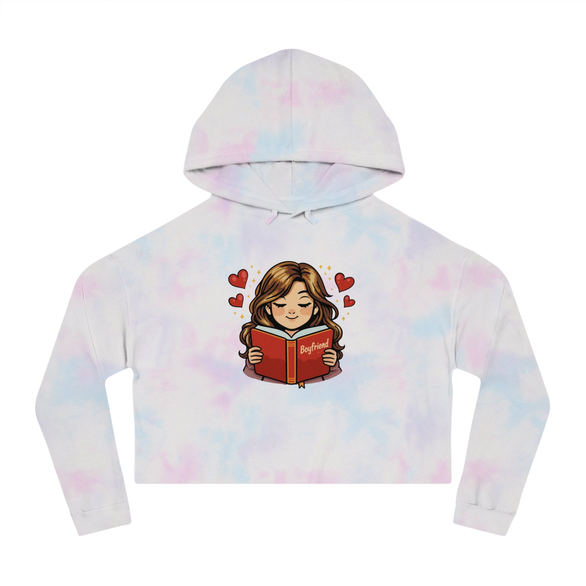 Cropped tie-dye hoodie with cartoon girl reading a book titled "Boyfriend."