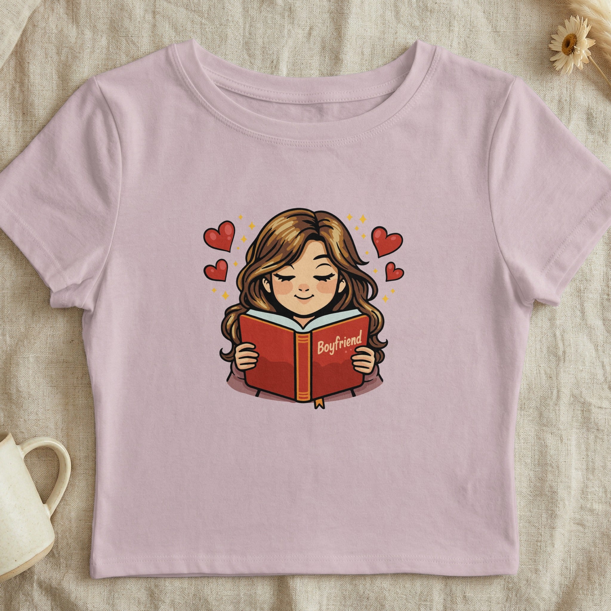 Cute Girl Reading Boyfriend Book with Hearts T-shirt