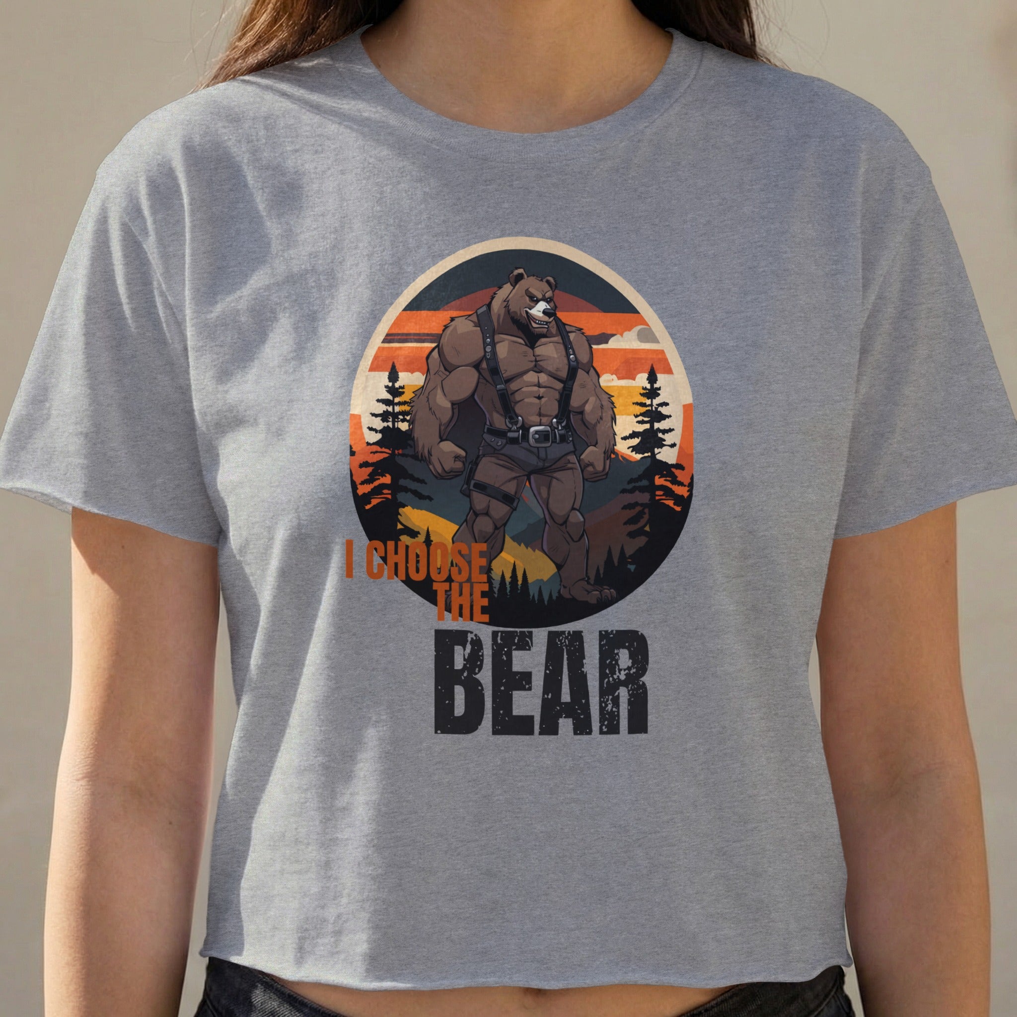 T-shirt with graphic of muscular bear and "I choose the bear" text.
