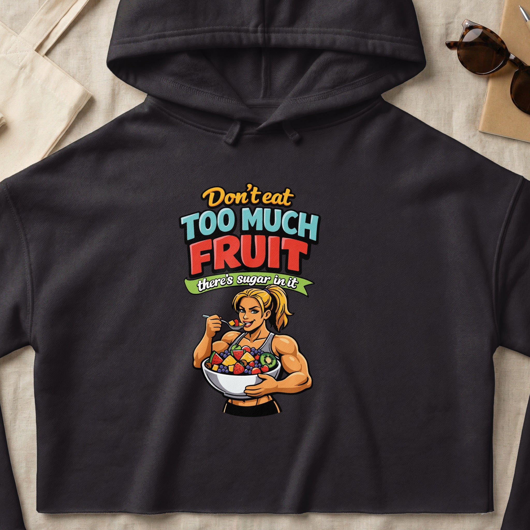 Woman holding bowl of fruit with text "Don't eat too much fruit, there's sugar in it".