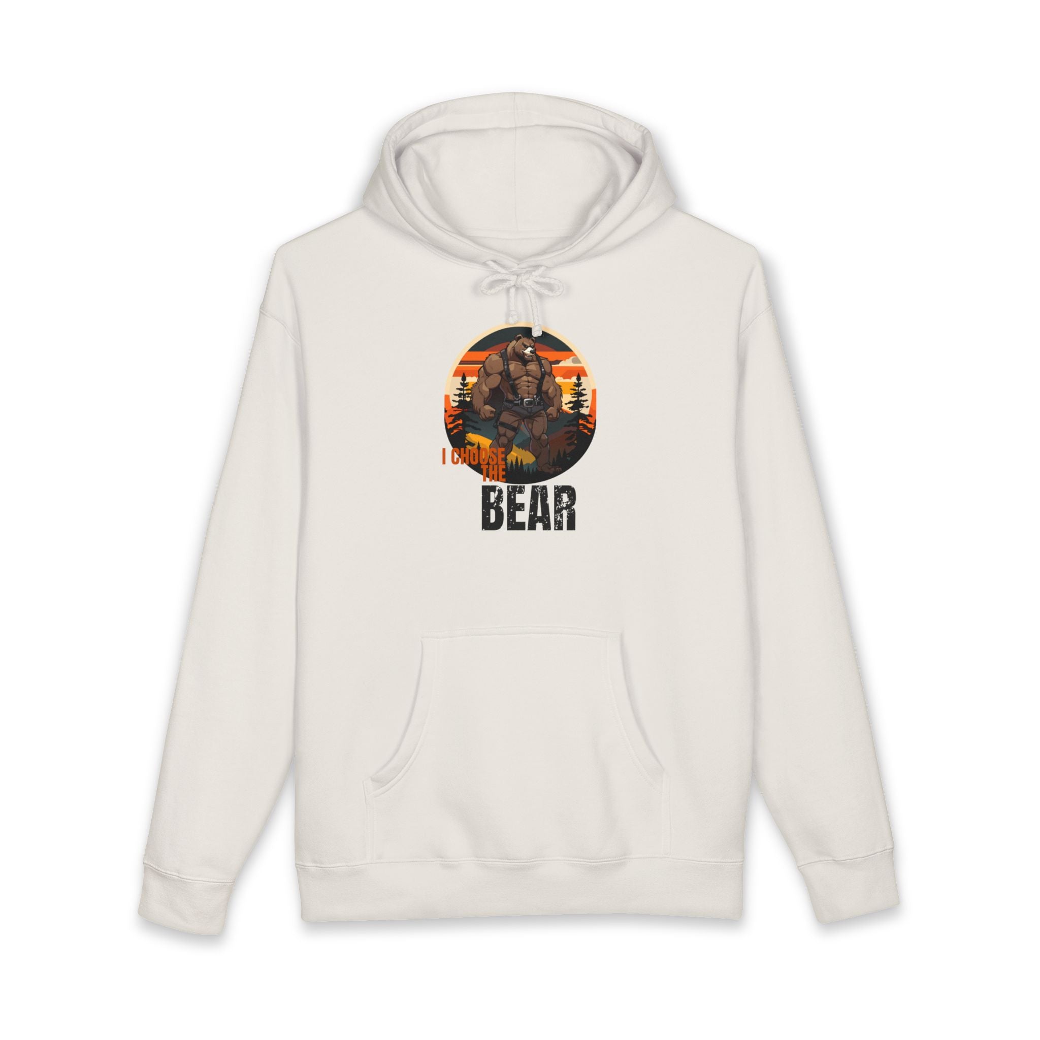 White hoodie with "BEAR" text and a stylized bear graphic.
