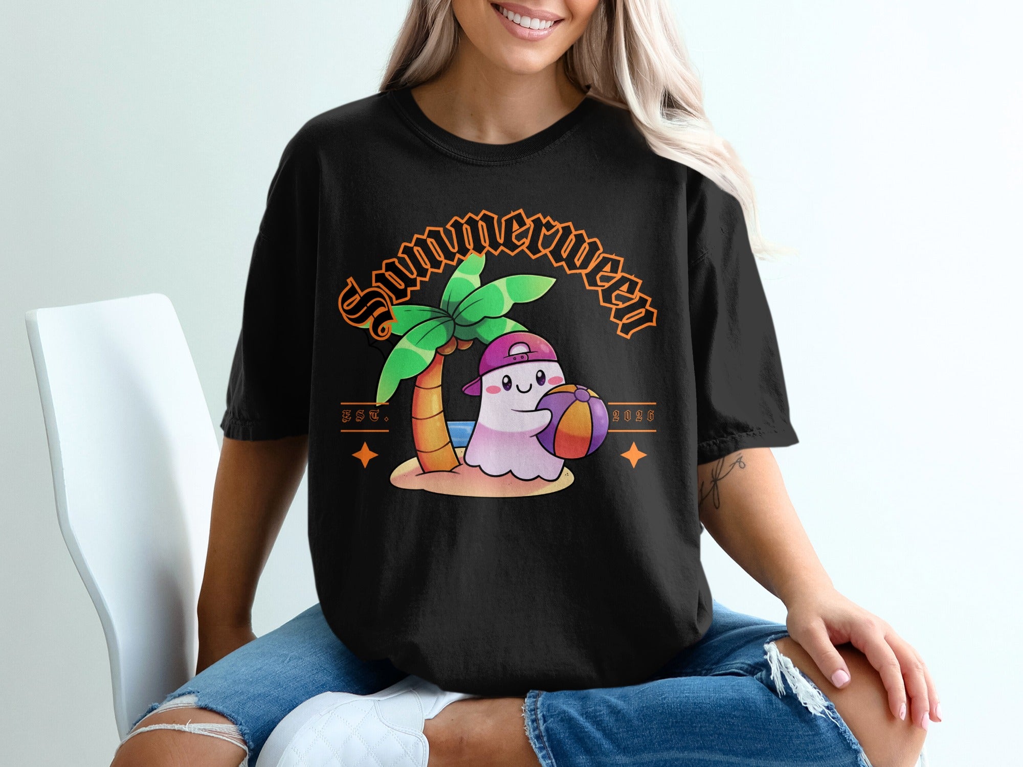 Black t-shirt with "Summer" text, palm tree, ghost, and beach ball graphic.