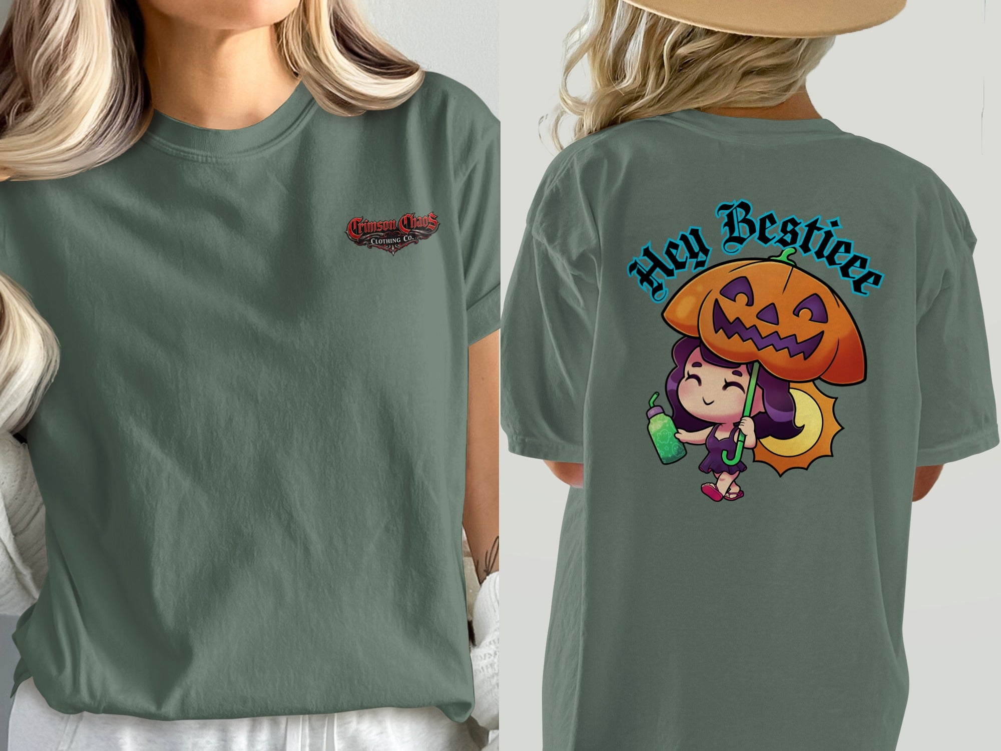 Green t-shirt with Crimson Chaos Clothing Co. on front and cartoon pumpkin with text "Hey Besticee" on back.