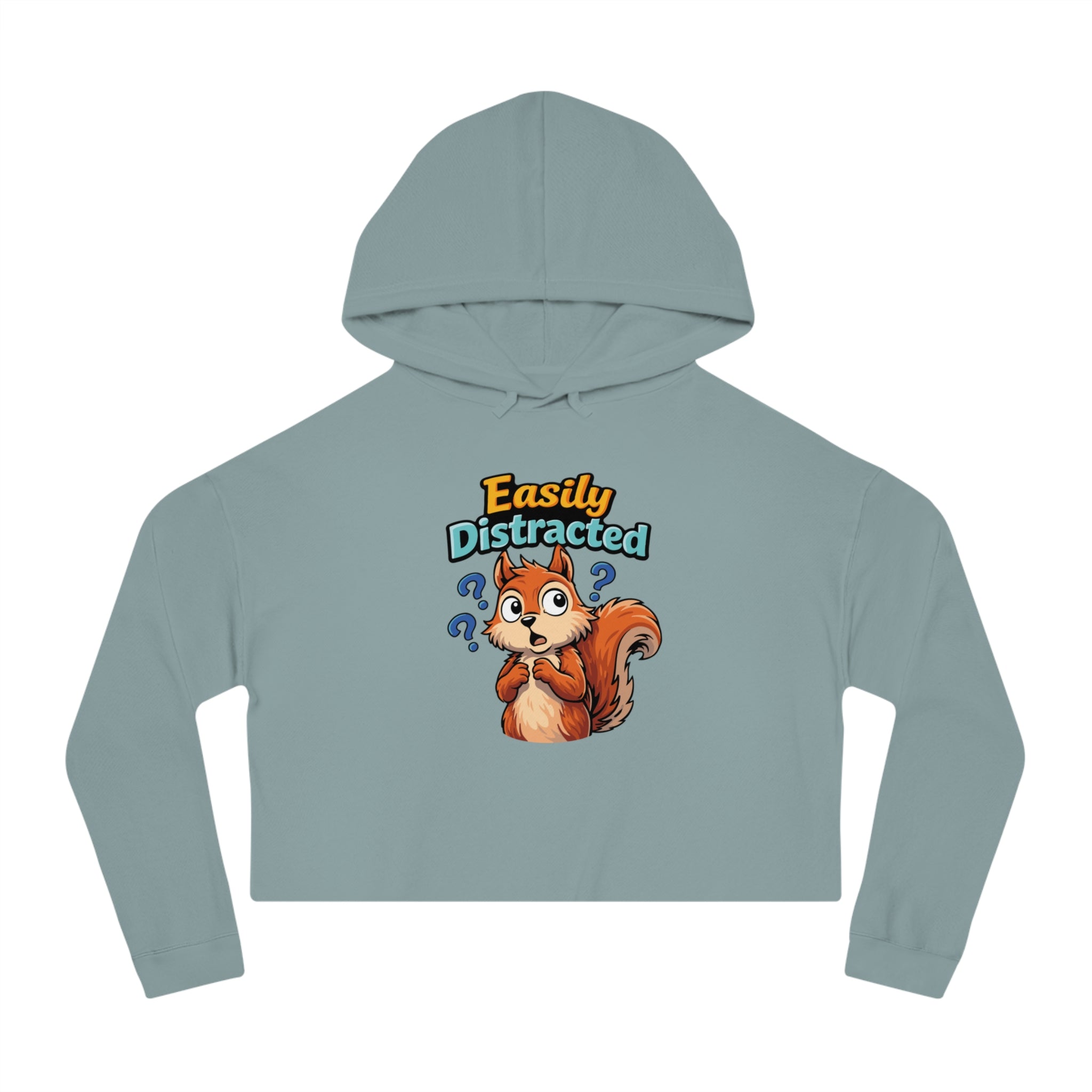 Cropped hoodie with cartoon squirrel and text "Easily Distracted".
