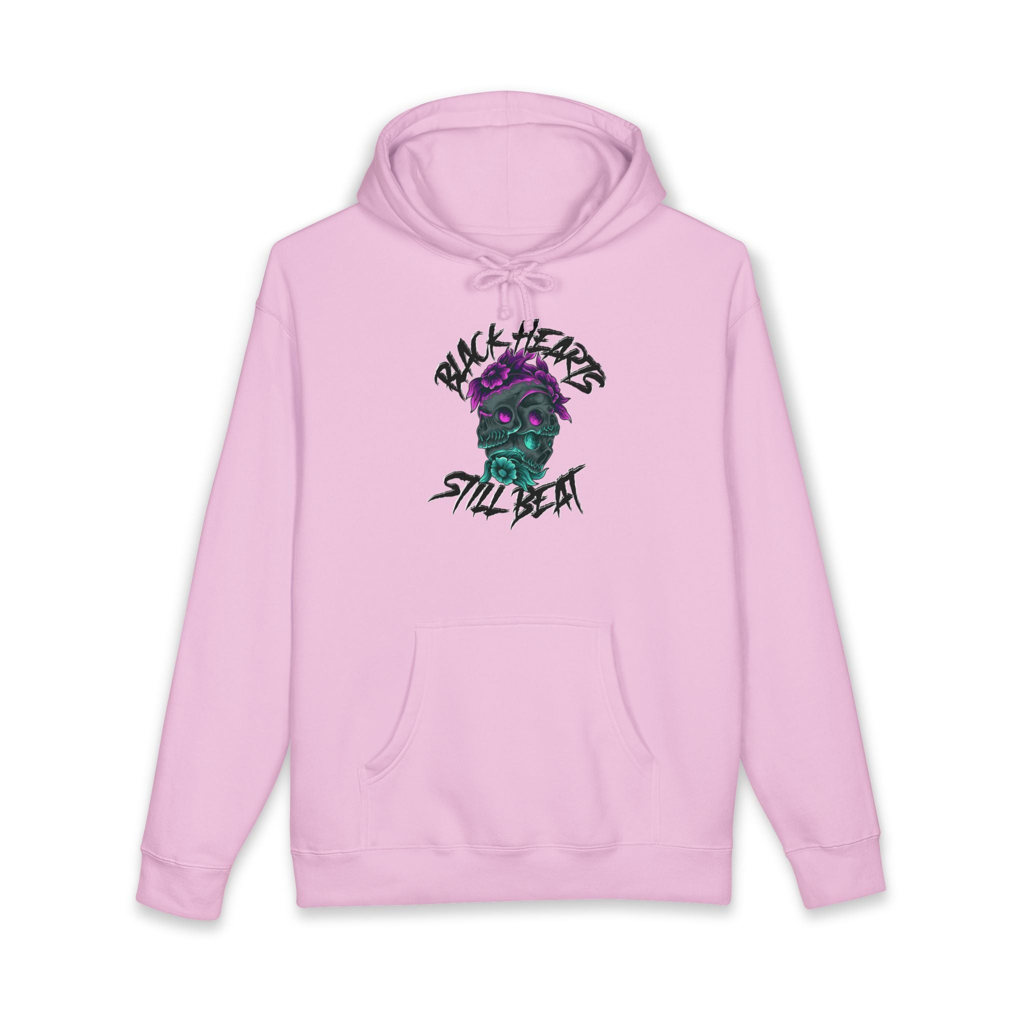 Pink hoodie with black and purple skull and "Black Hearts Still Beat" graphic.