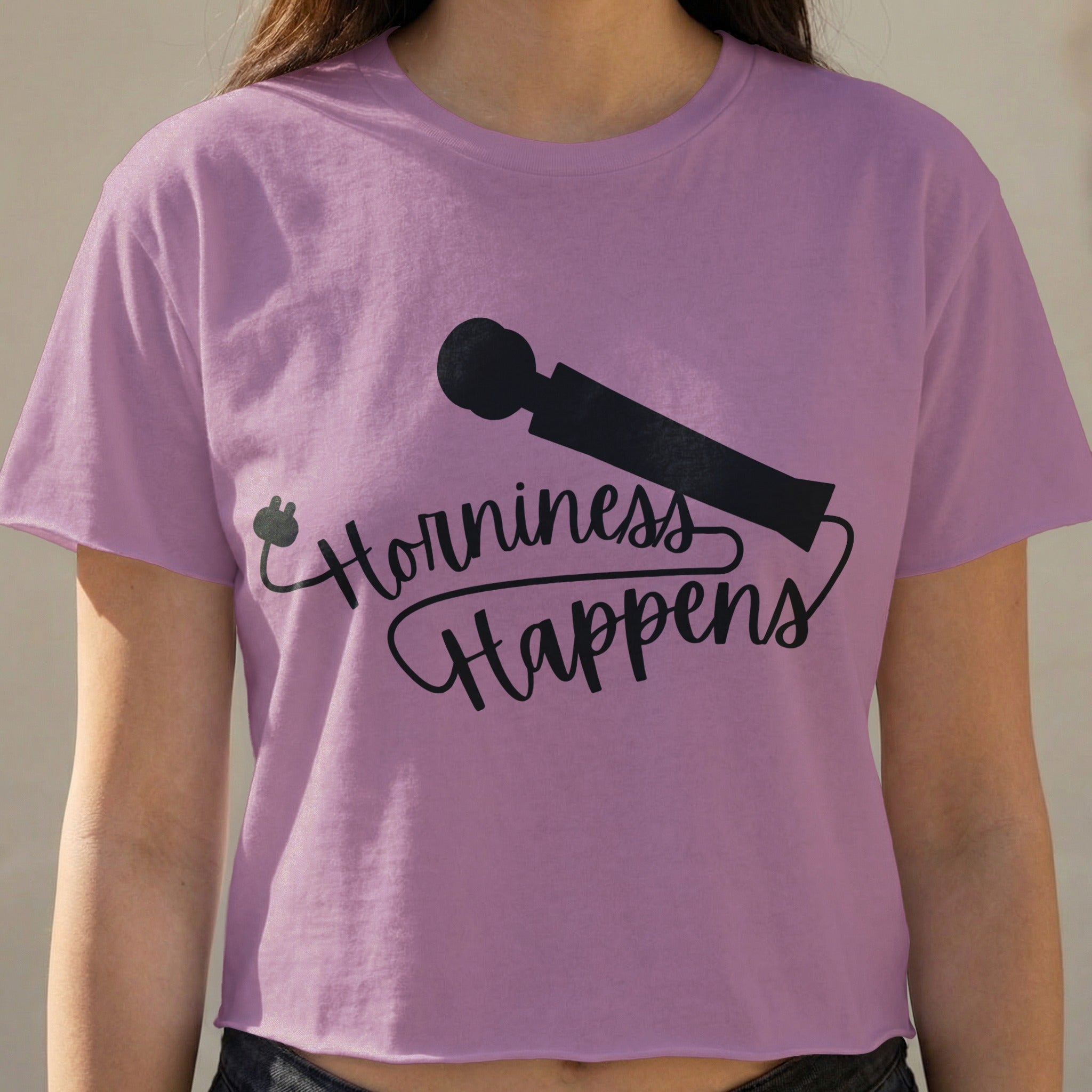 Lilac crop top with "Horniness Happens" text and a vibrator graphic.