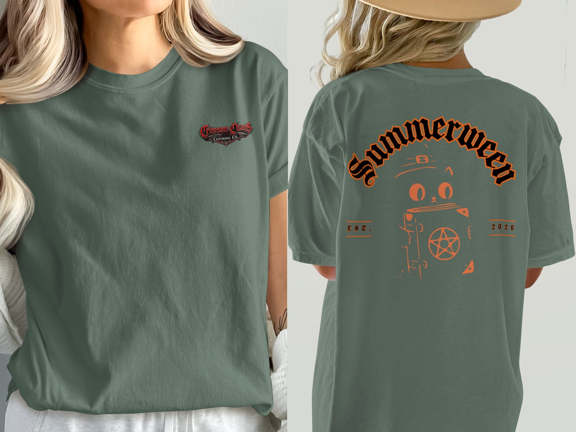 Green t-shirt with Crimson Chaos Clothing Co. logo on the left and "Summerween" graphic on the right.