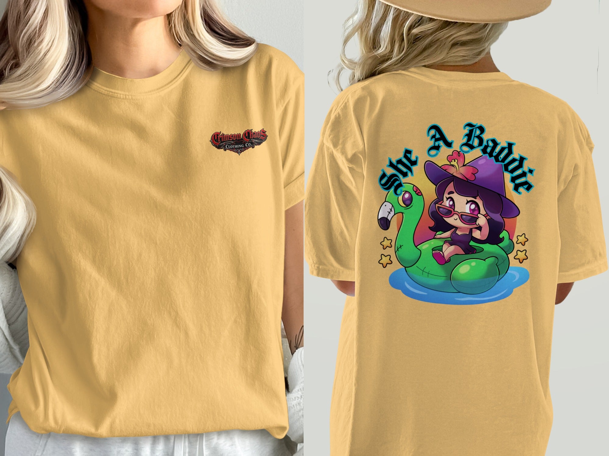 Yellow t-shirt with "Crimson Chaos Clothing Co." logo and cartoon witch on flamingo float graphic.