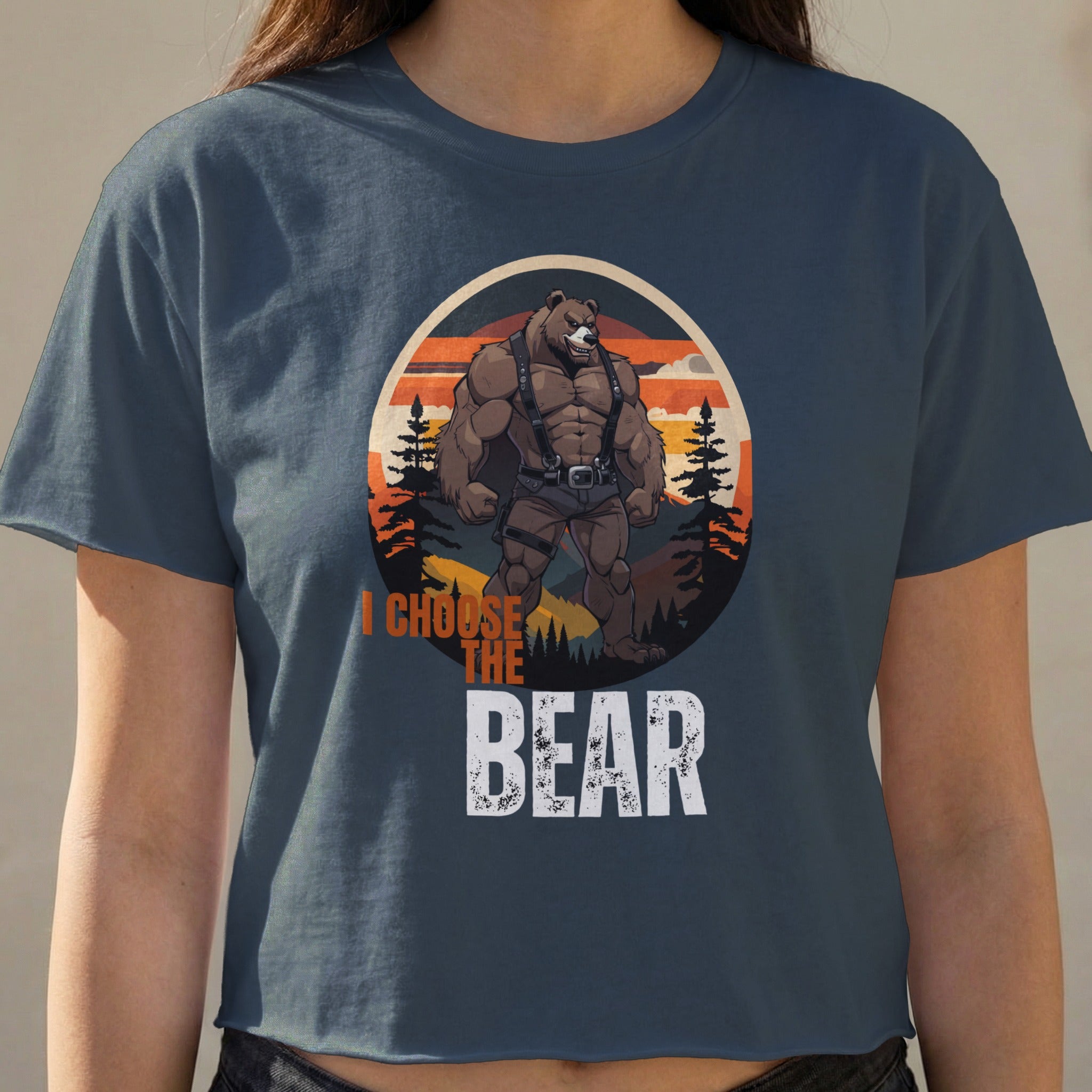 Cropped navy t-shirt with "I CHOOSE THE BEAR" text and a muscular bear graphic.