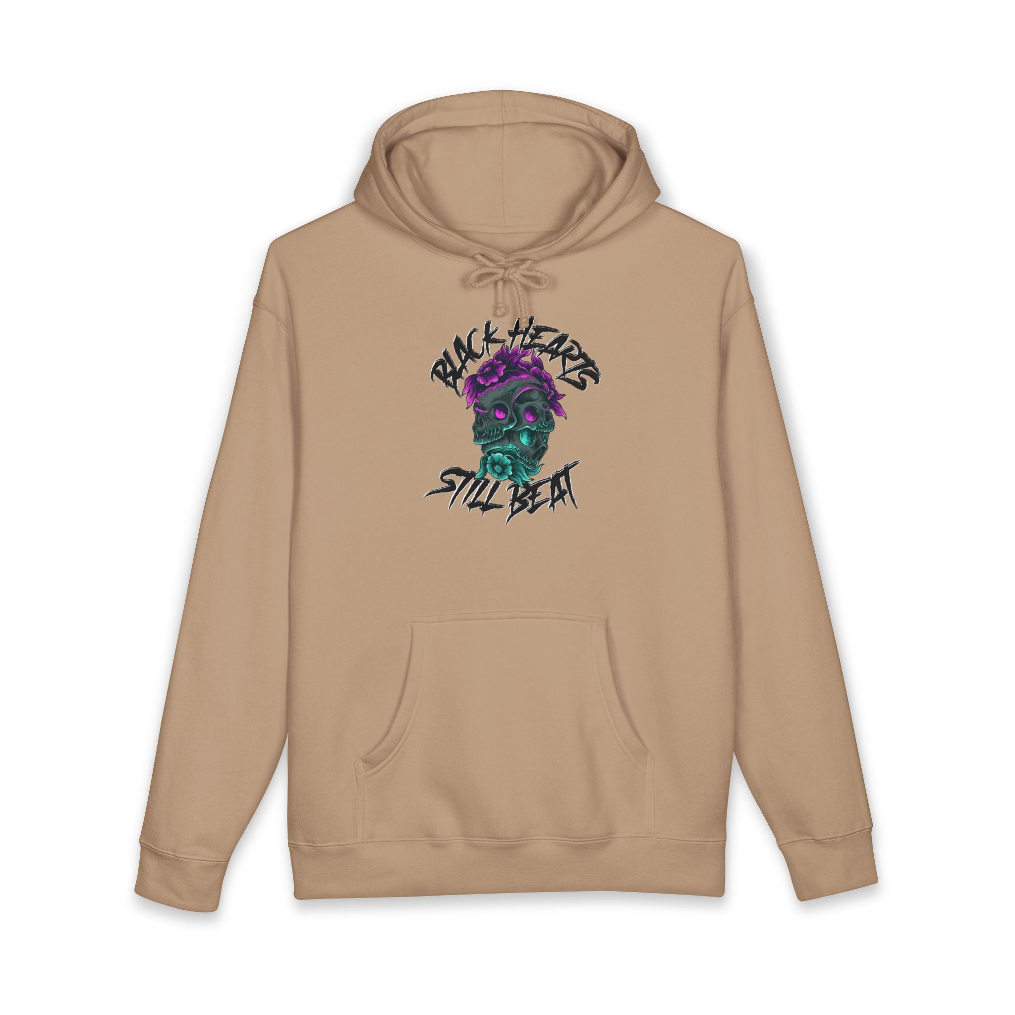Tan hoodie with a skull and floral graphic reading "Black Hearts Still Beat".