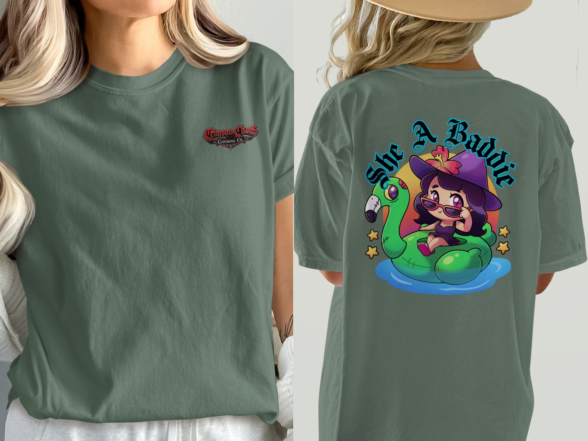 Green t-shirt with "Crimson Chaos Clothing Co." logo on the front and witch on flamingo float graphic on the back.