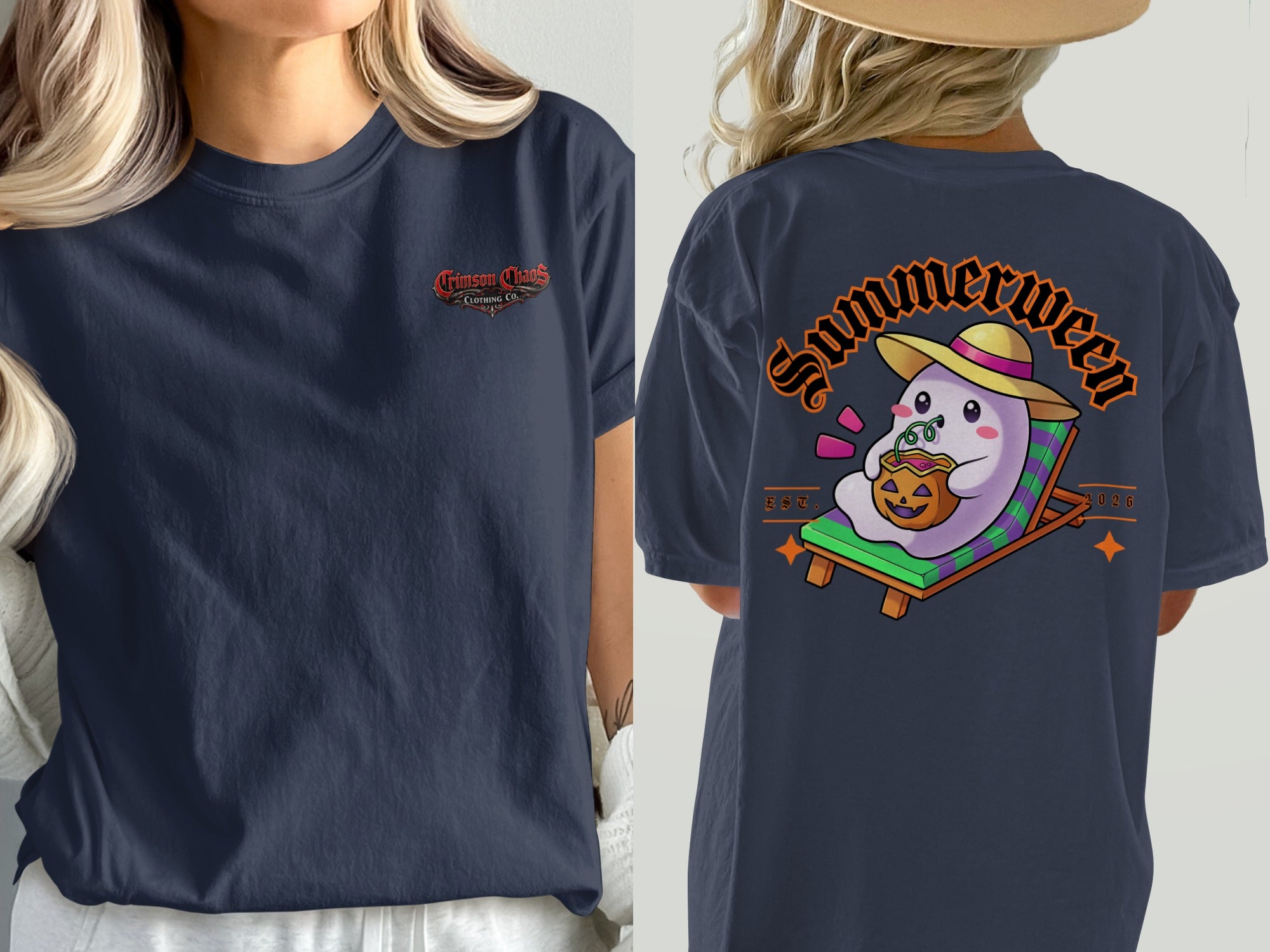 Navy t-shirt with "Crimson Chaos Clothing Co." on front and ghost with pumpkin on back.