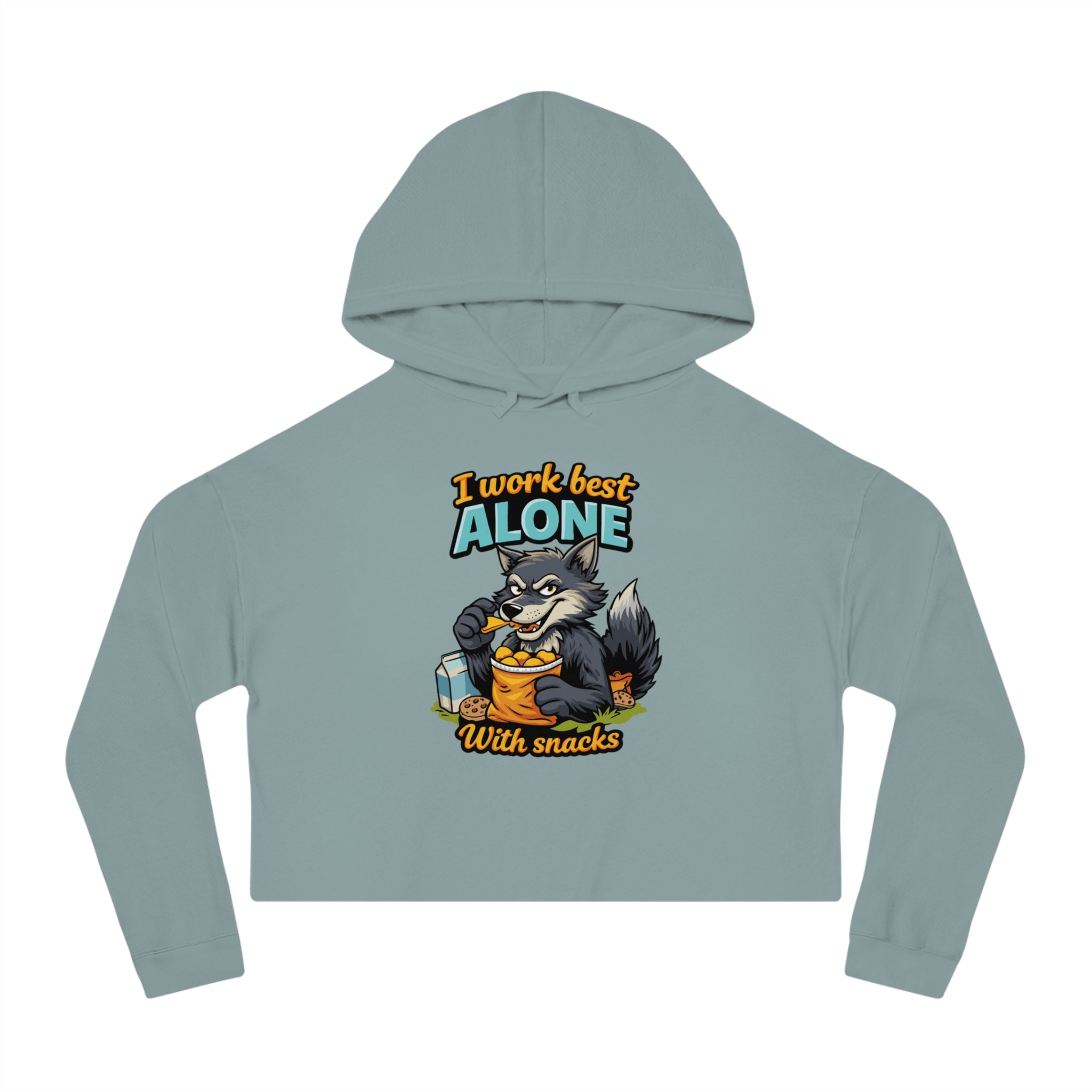 Cropped hoodie featuring a cartoon wolf eating snacks with text "I work best alone with snacks."
