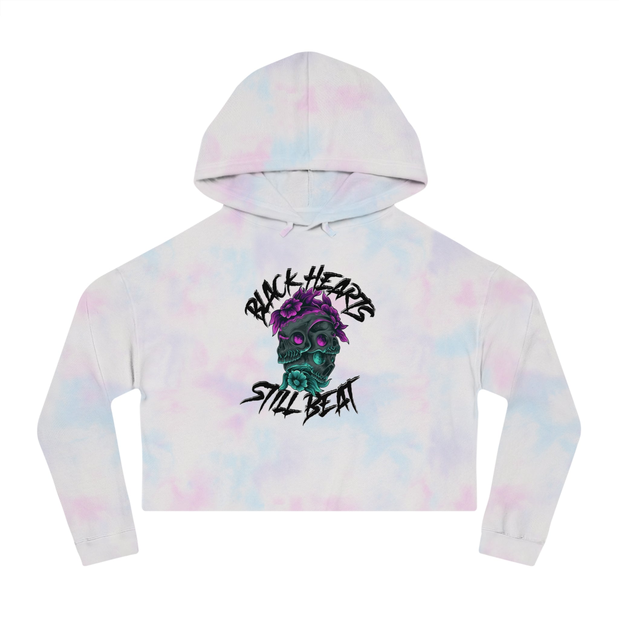 Cropped tie-dye hoodie with "Black Hearts Still Beat" skull graphic.