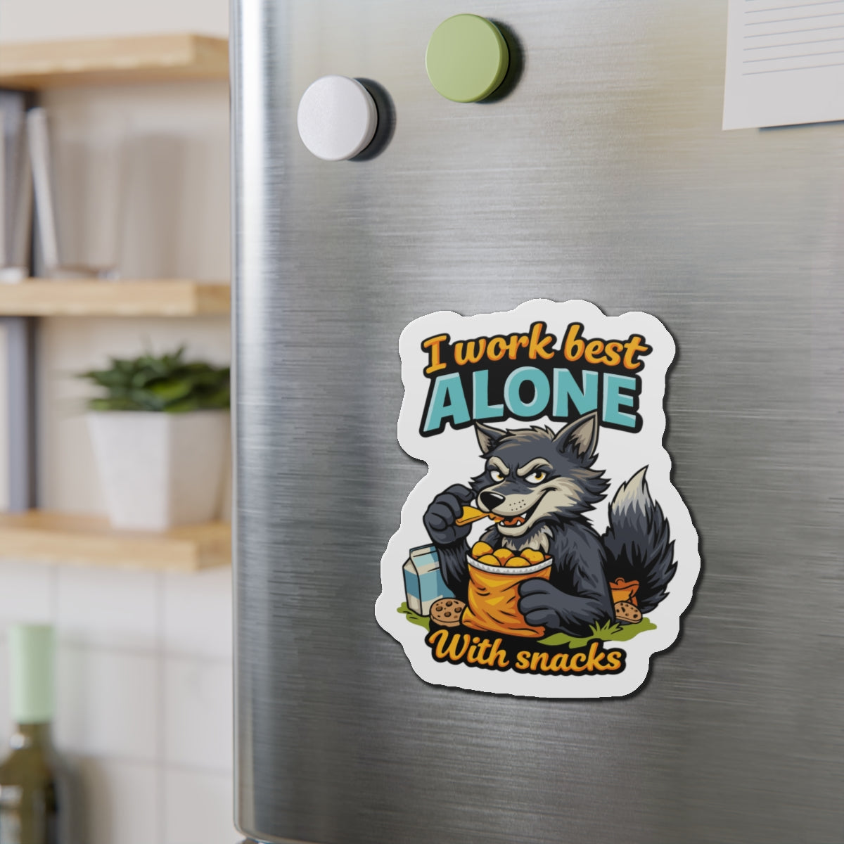 I Work Best Alone With Snacks Funny Wolf Sticker