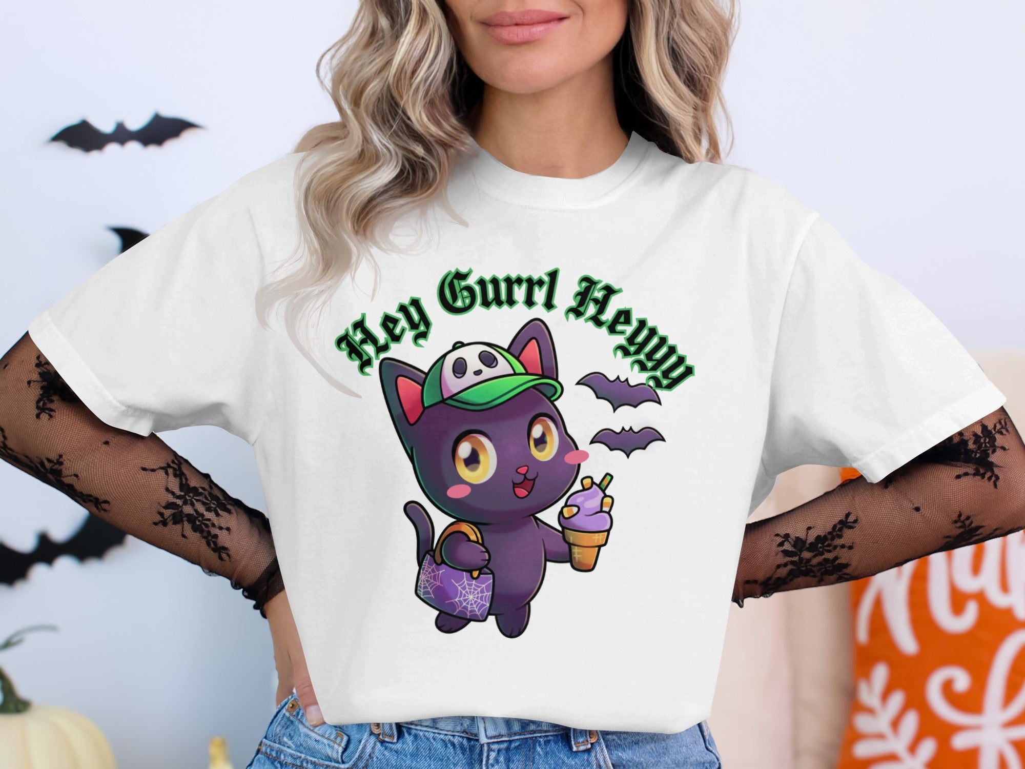 Cute cartoon black cat in a green cap holding ice cream and a bag, text "Hey Gurrl Heyyy"