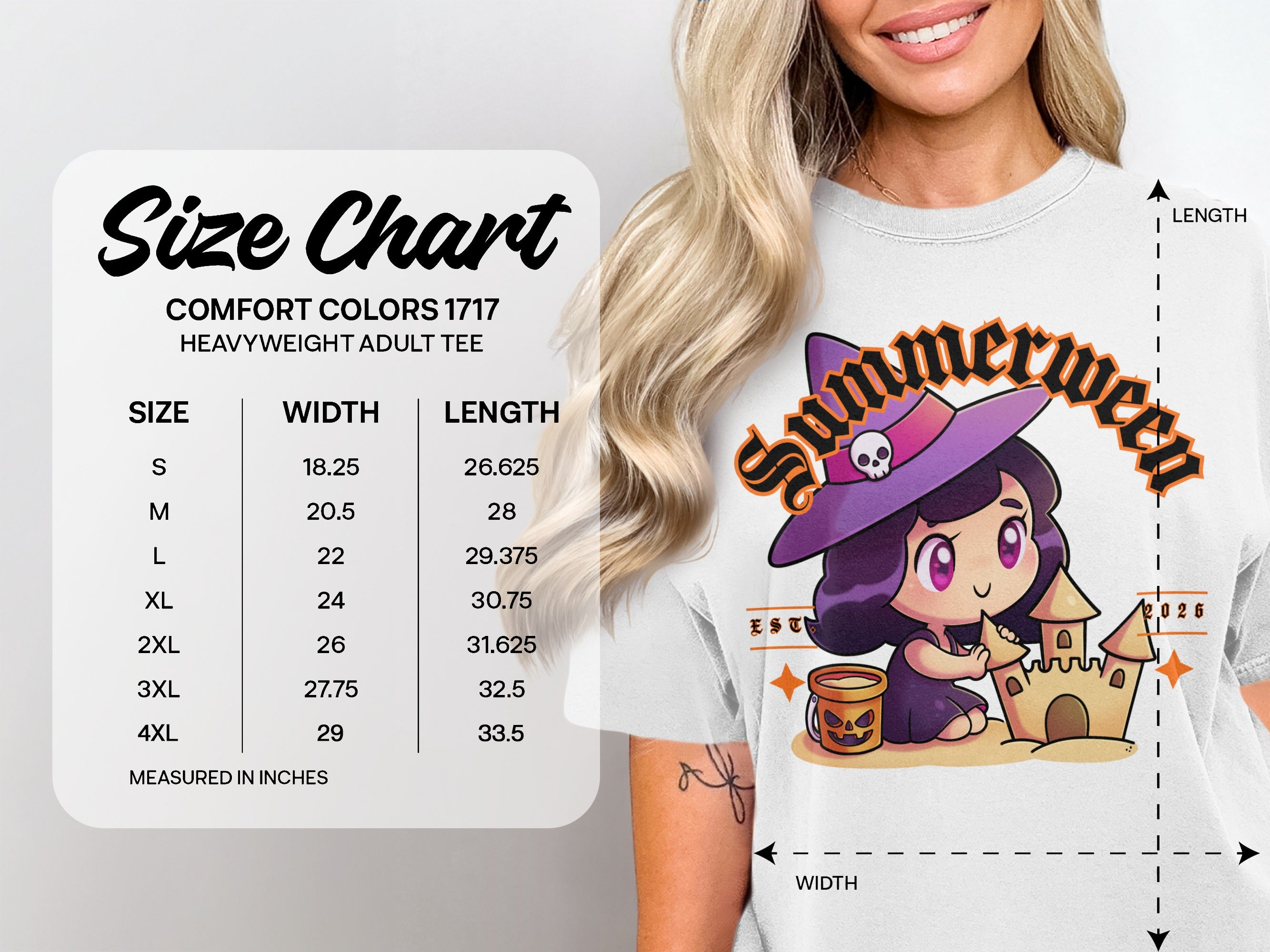 Comfort Colors 1717 heavyweight adult tee size chart with measurements in inches.