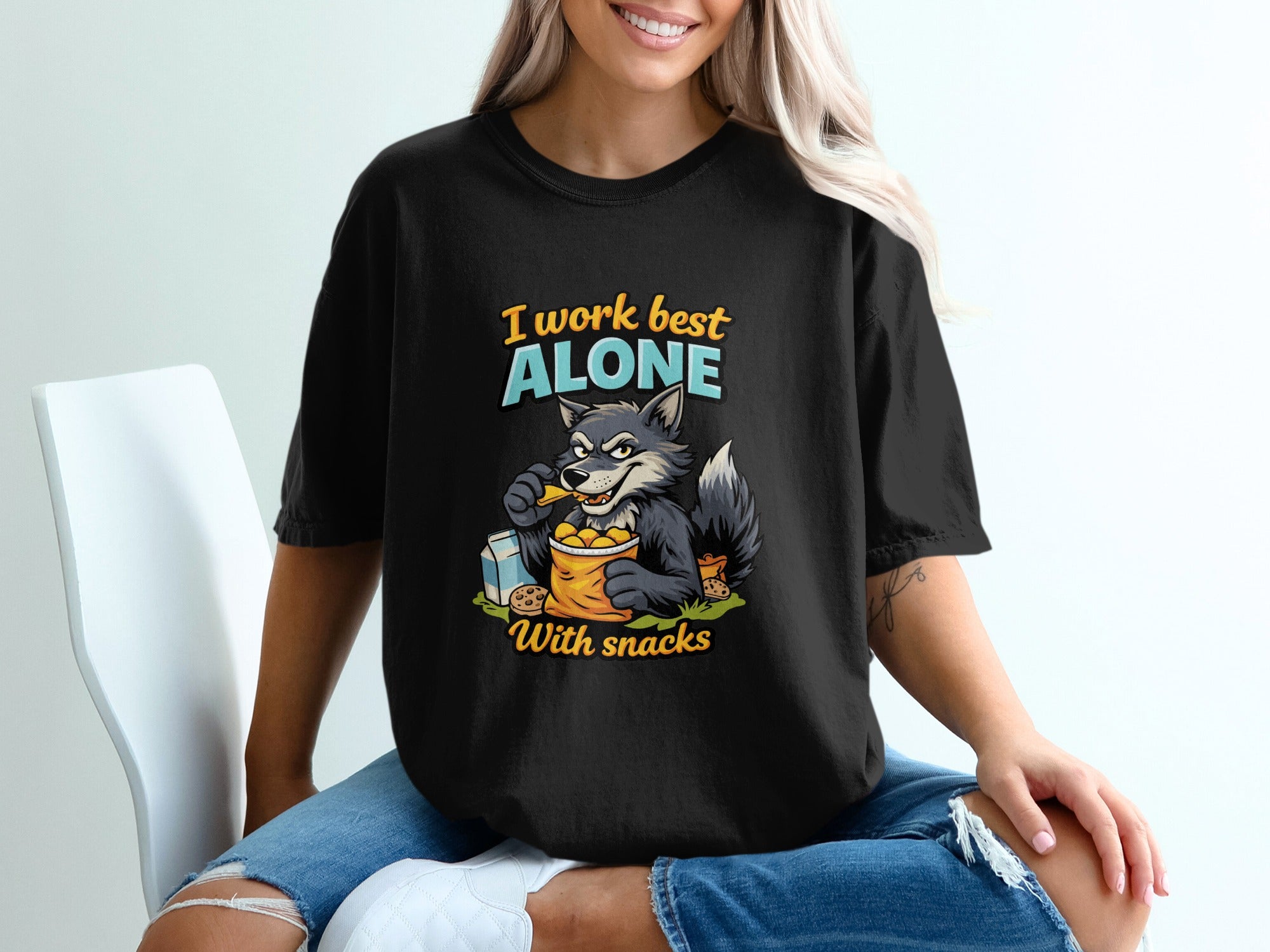 I Work Best Alone With Snacks Funny Wolf T-Shirt