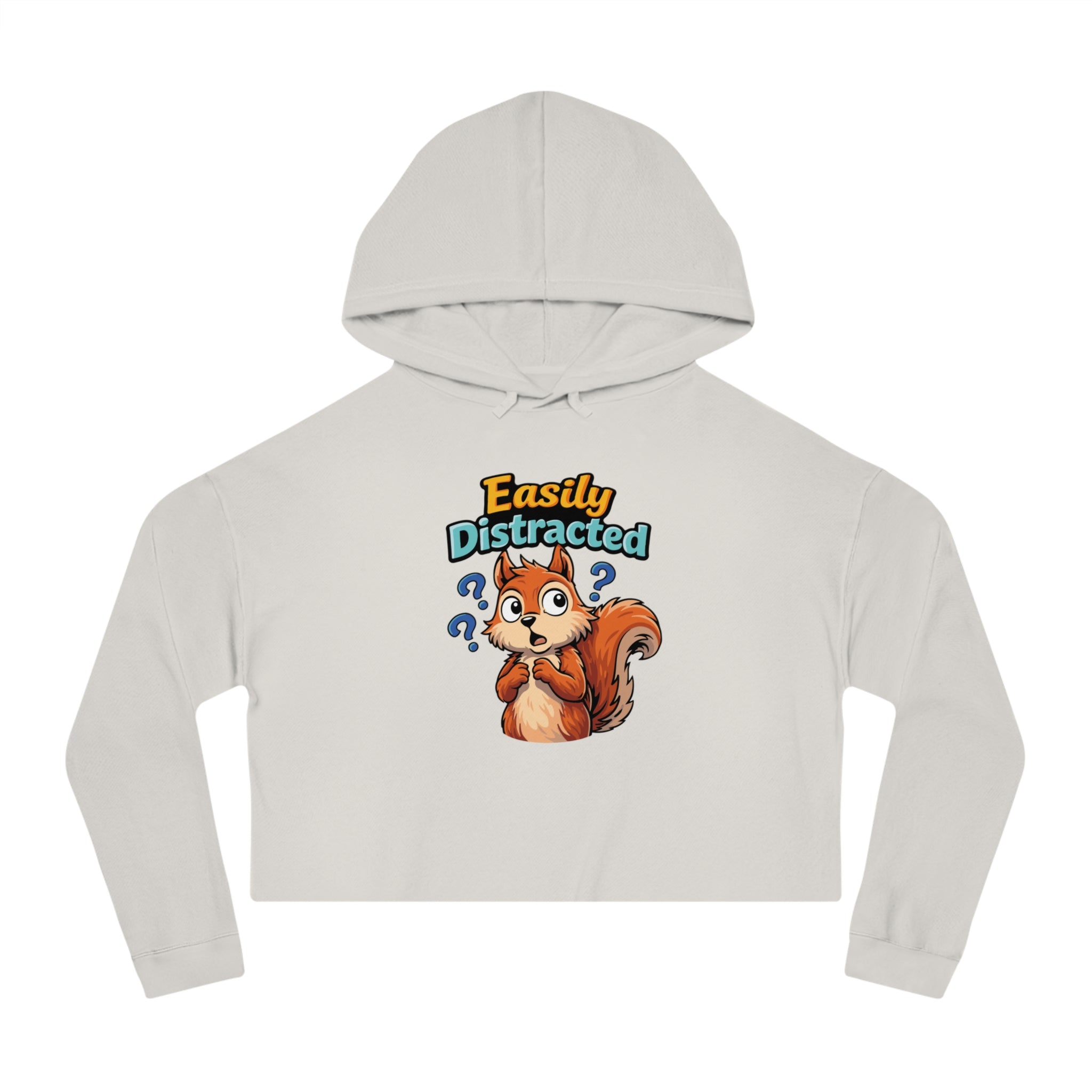 Light gray cropped hoodie with cartoon squirrel and "Easily Distracted" text.