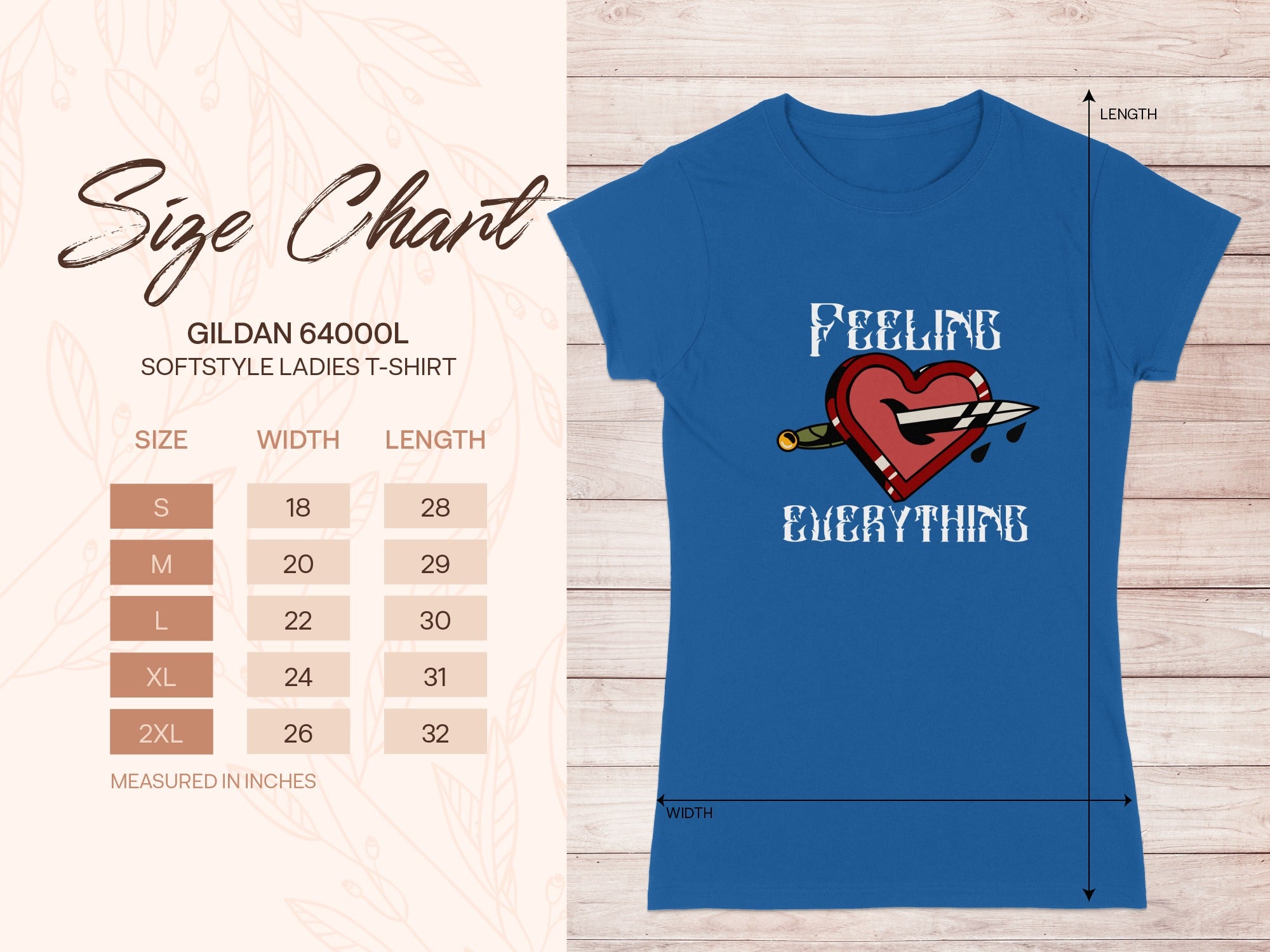 Gildan 64000L ladies t-shirt size chart with measurements and graphic of heart with knife.