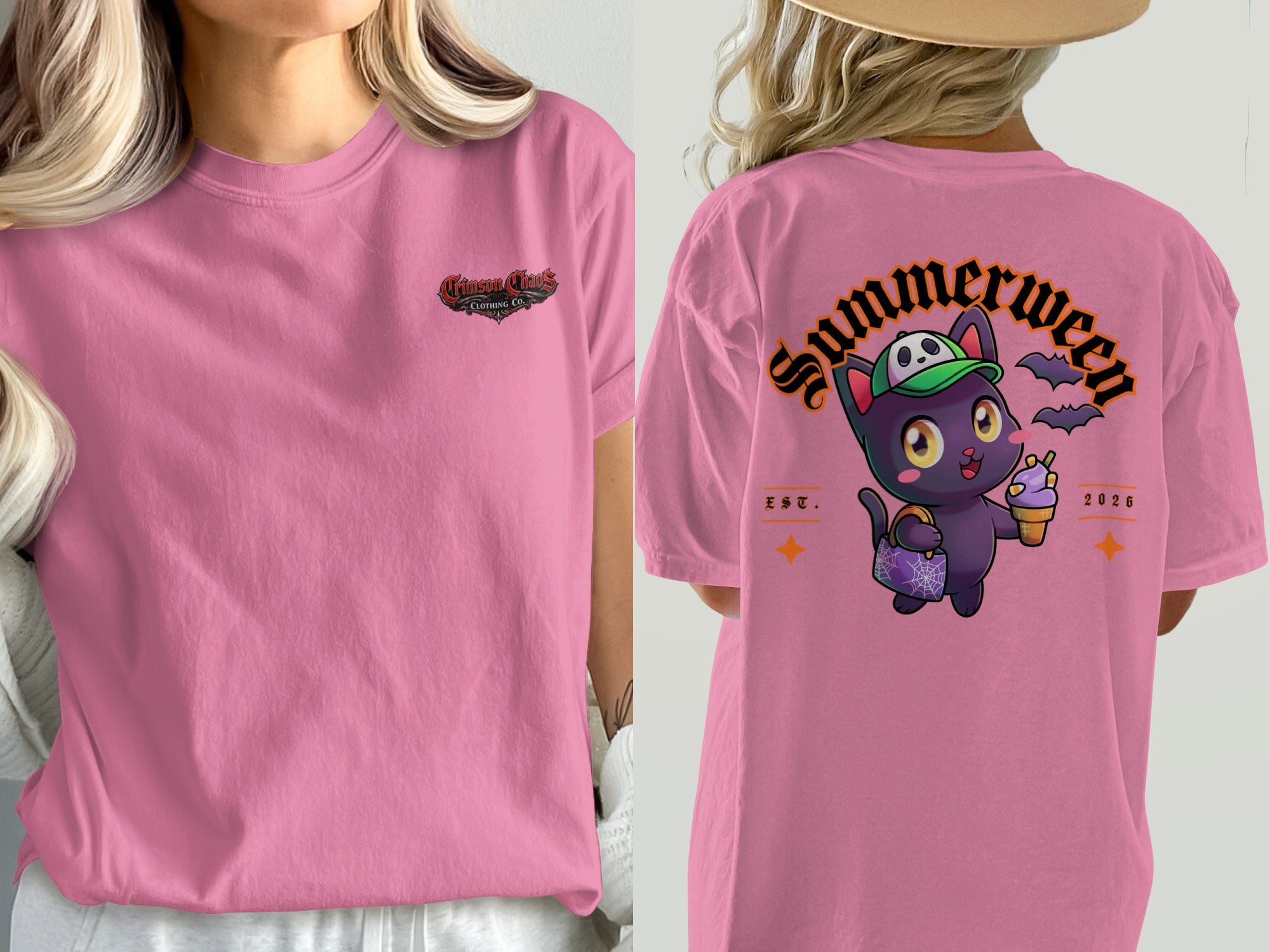 Pink t-shirt with Crimson Chaos logo on front and a cartoon cat with ice cream on back.