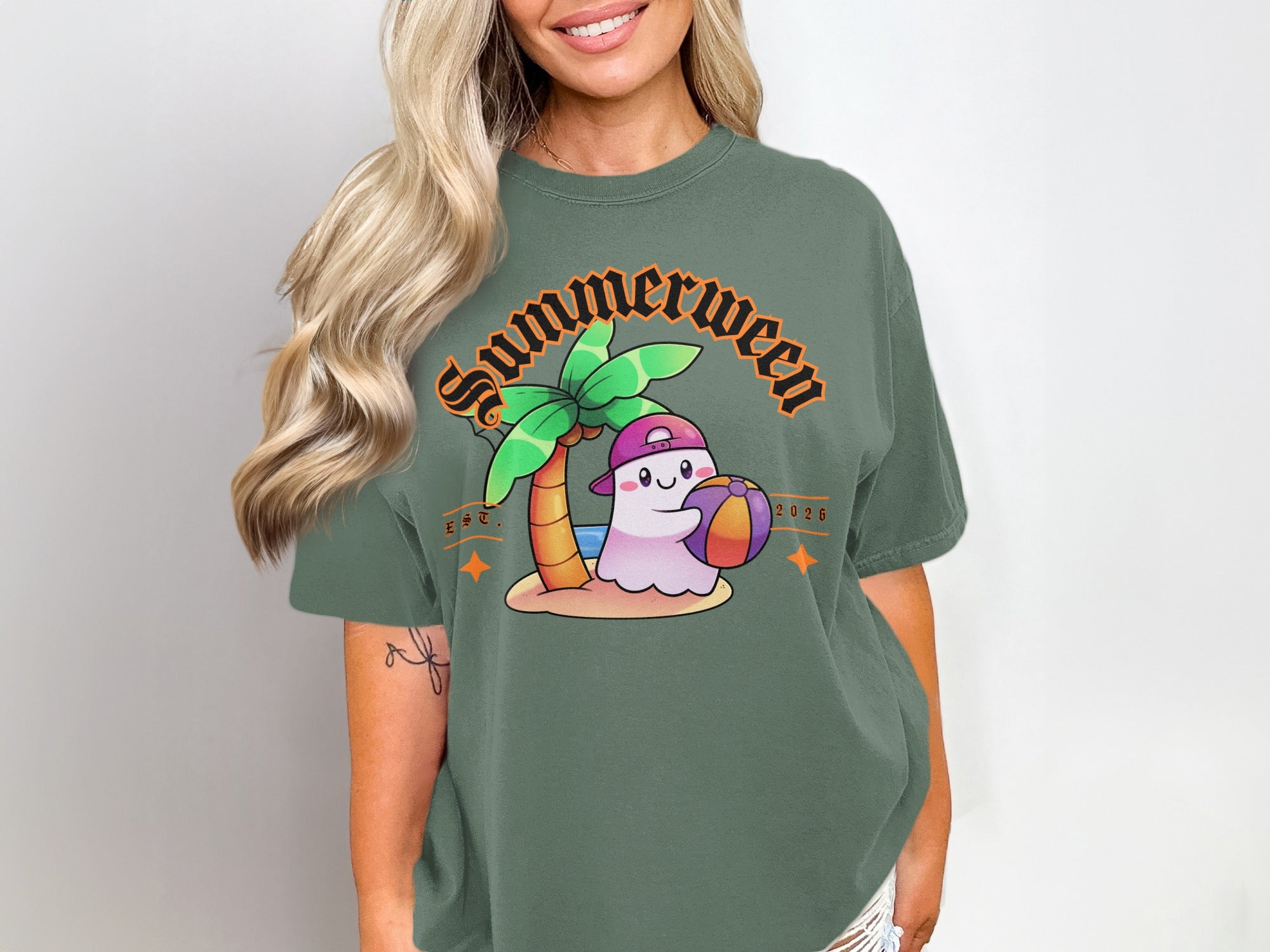 Ghost in hat holding beach ball under palm tree with "Summerween 2026" text.