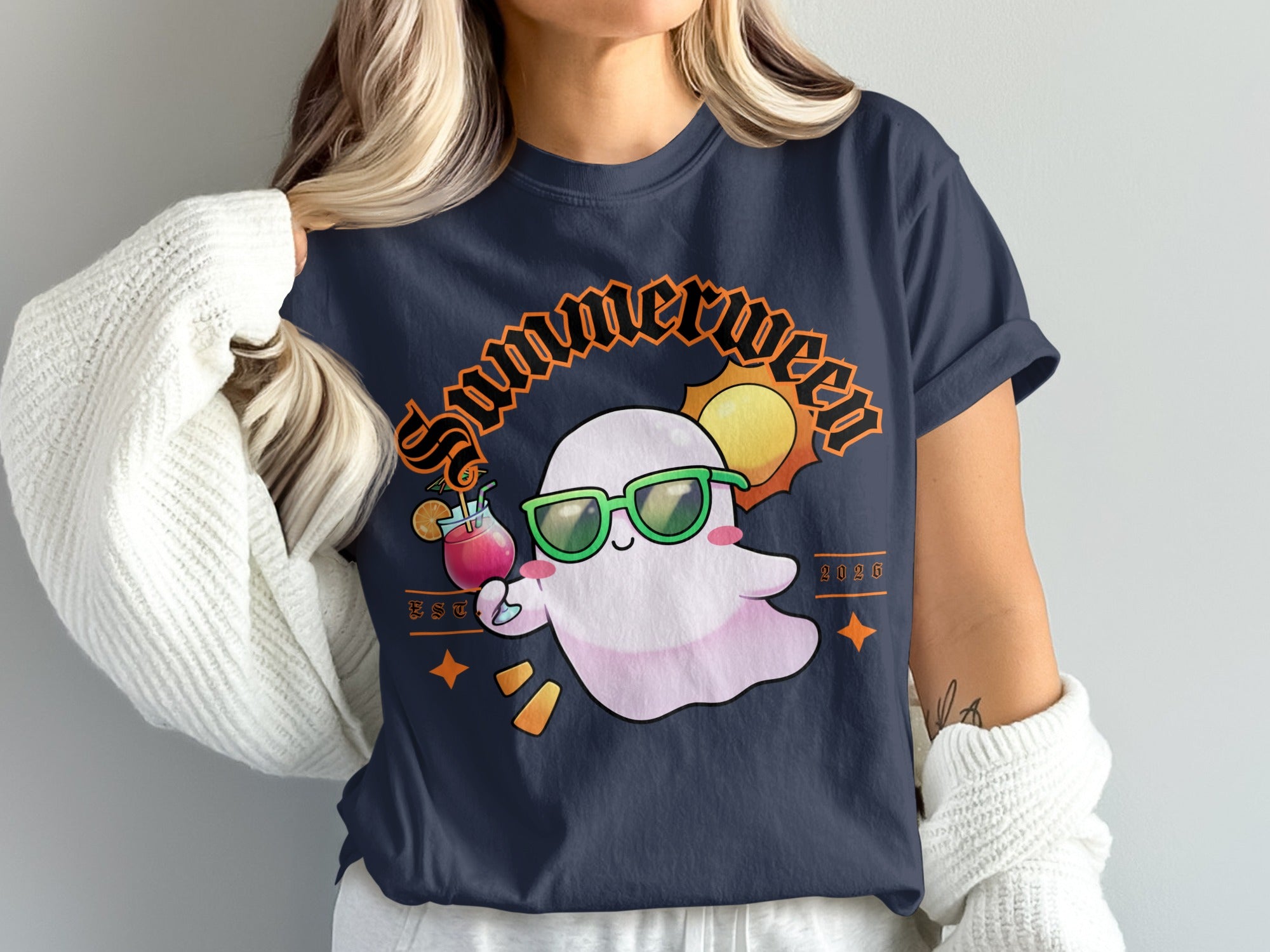 A ghost wearing sunglasses holds a drink under a summer sun with "Summerween" text.