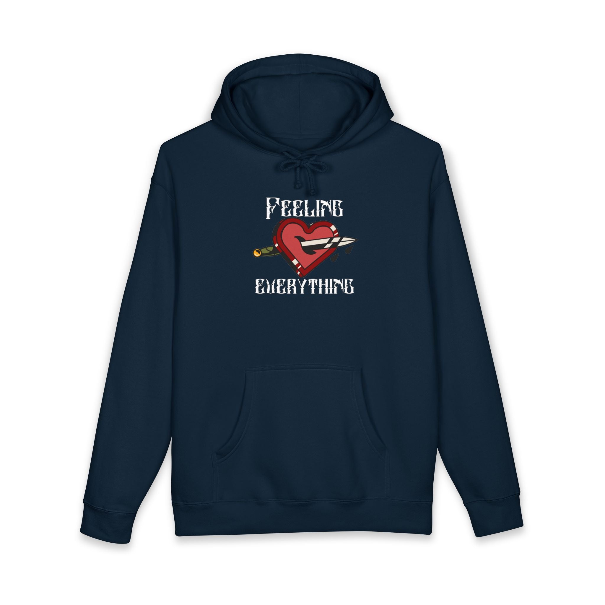 Navy hoodie with a red heart pierced by a dagger and text "FEELING EVERYTHING".