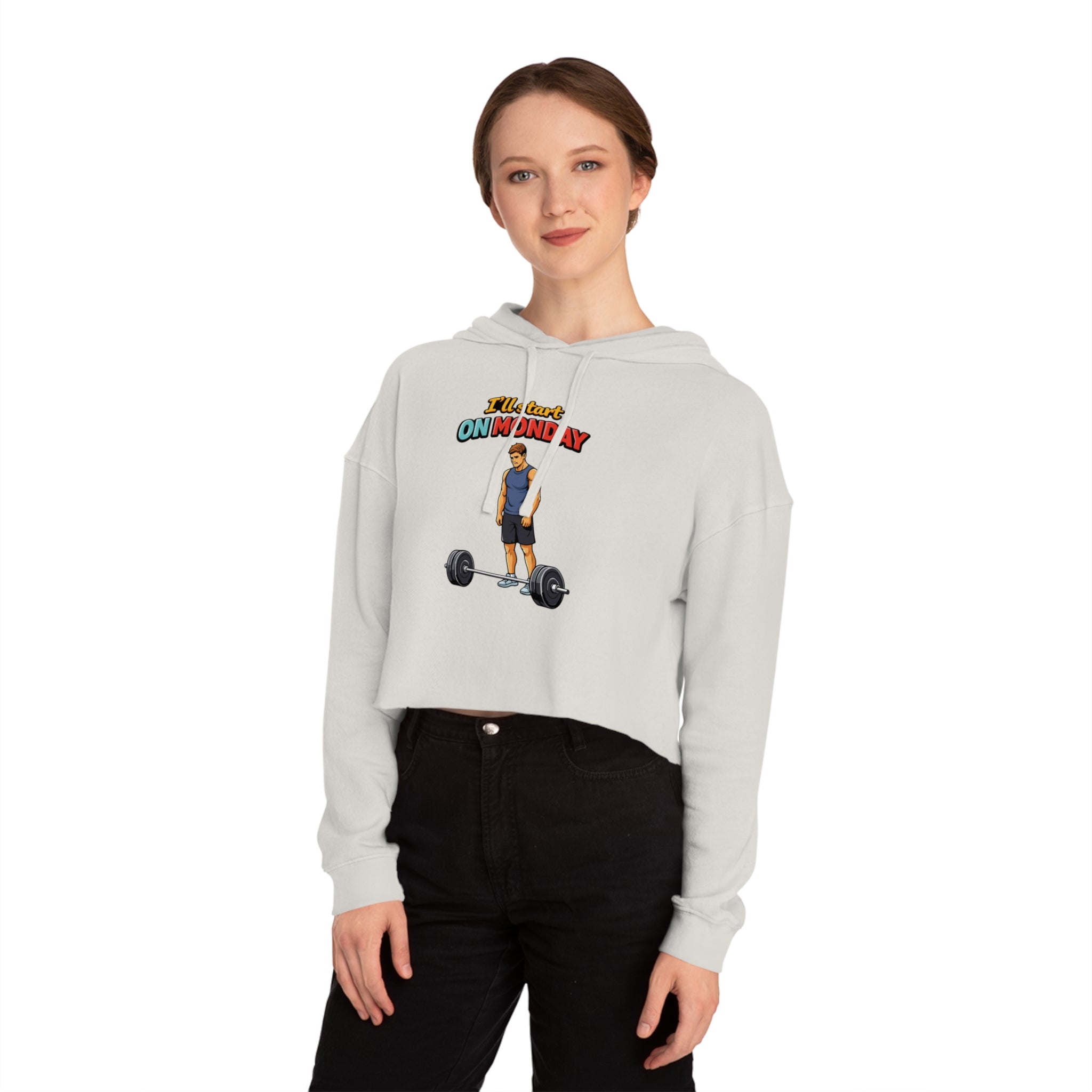 Cropped hoodie with illustration of a muscular man lifting weights and text "I'll be fit on Monday".