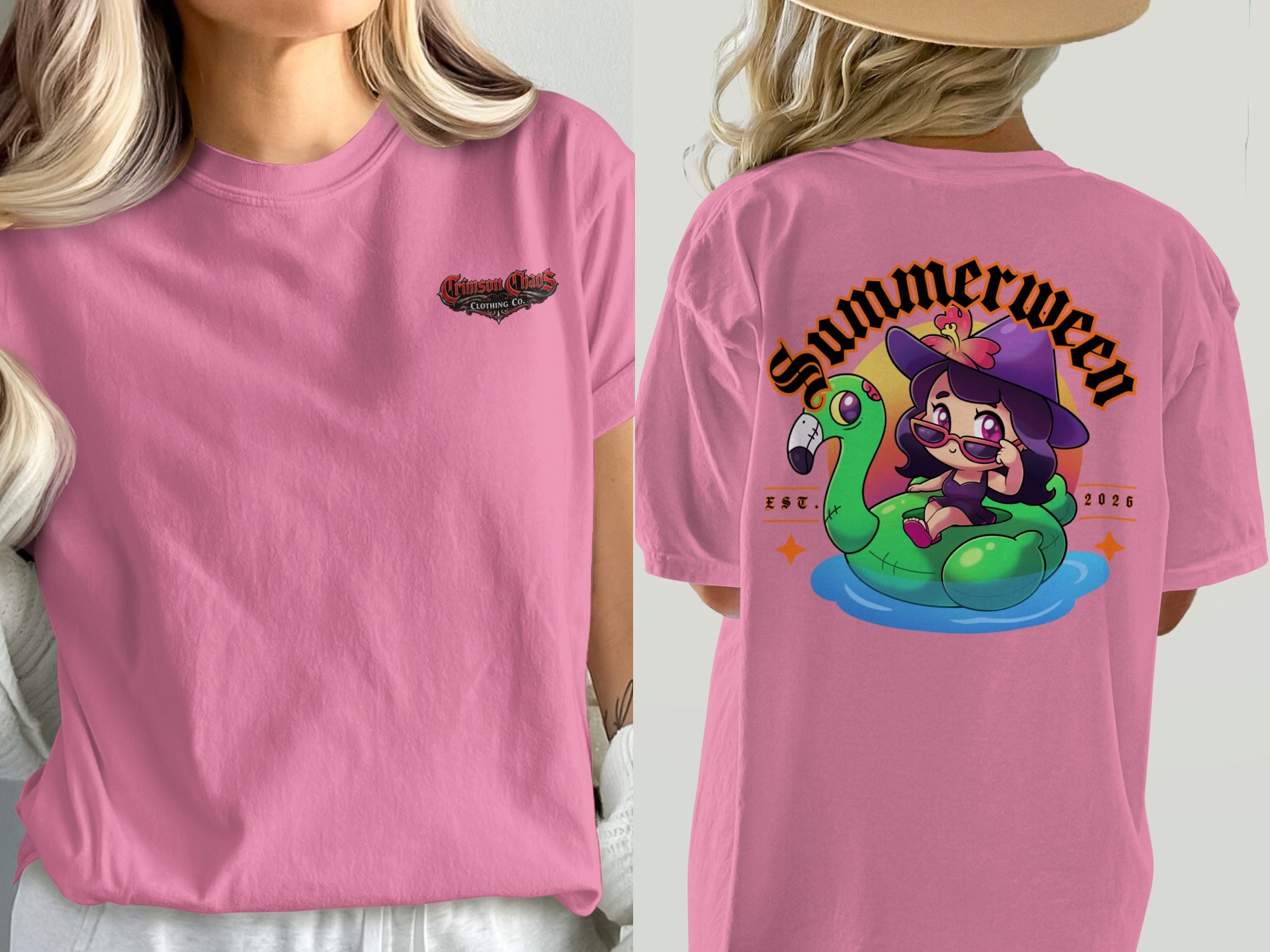 Pink t-shirt with "Crimson Chaos Clothing Co." logo and "Summerween" graphic.