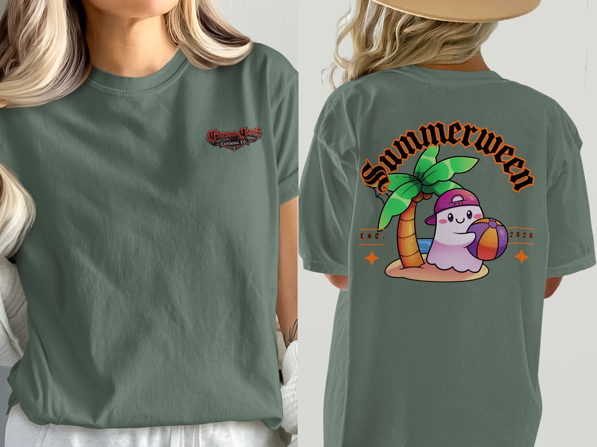 Green t-shirt with "Crimson Chaos Clothing Co." logo on front and "Summerween" ghost graphic on back.