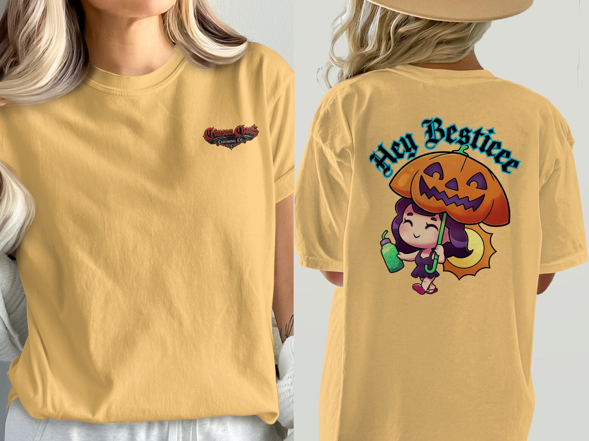 Yellow t-shirt with front logo and back graphic of a girl with a pumpkin umbrella.