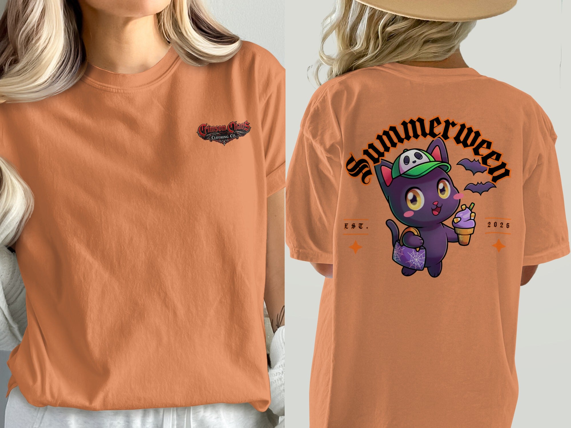 Orange t-shirt with "Summerween" text and a cartoon cat holding ice cream on the back.