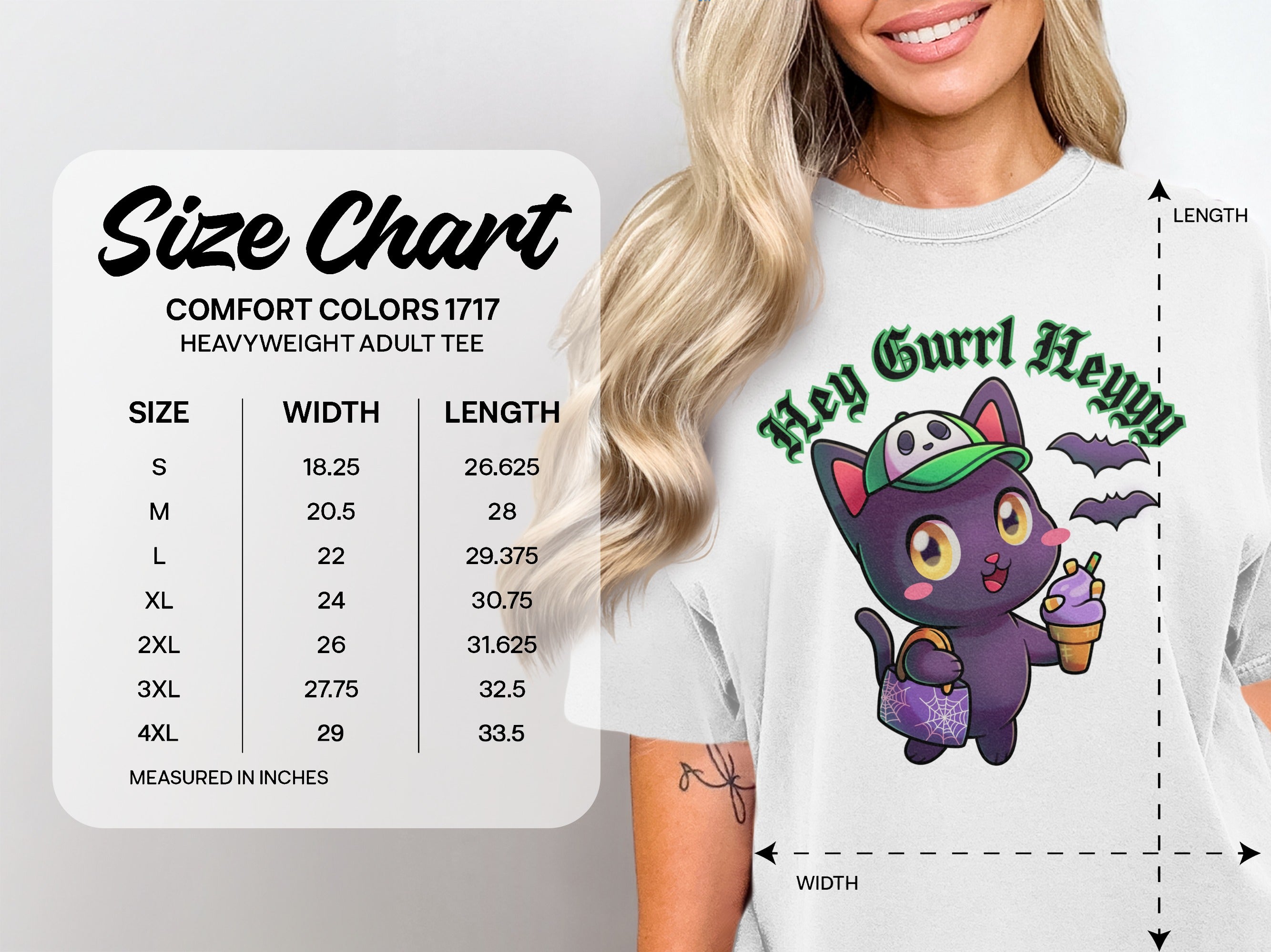 Size chart for Comfort Colors 1717 heavyweight adult tee with kitten graphic.