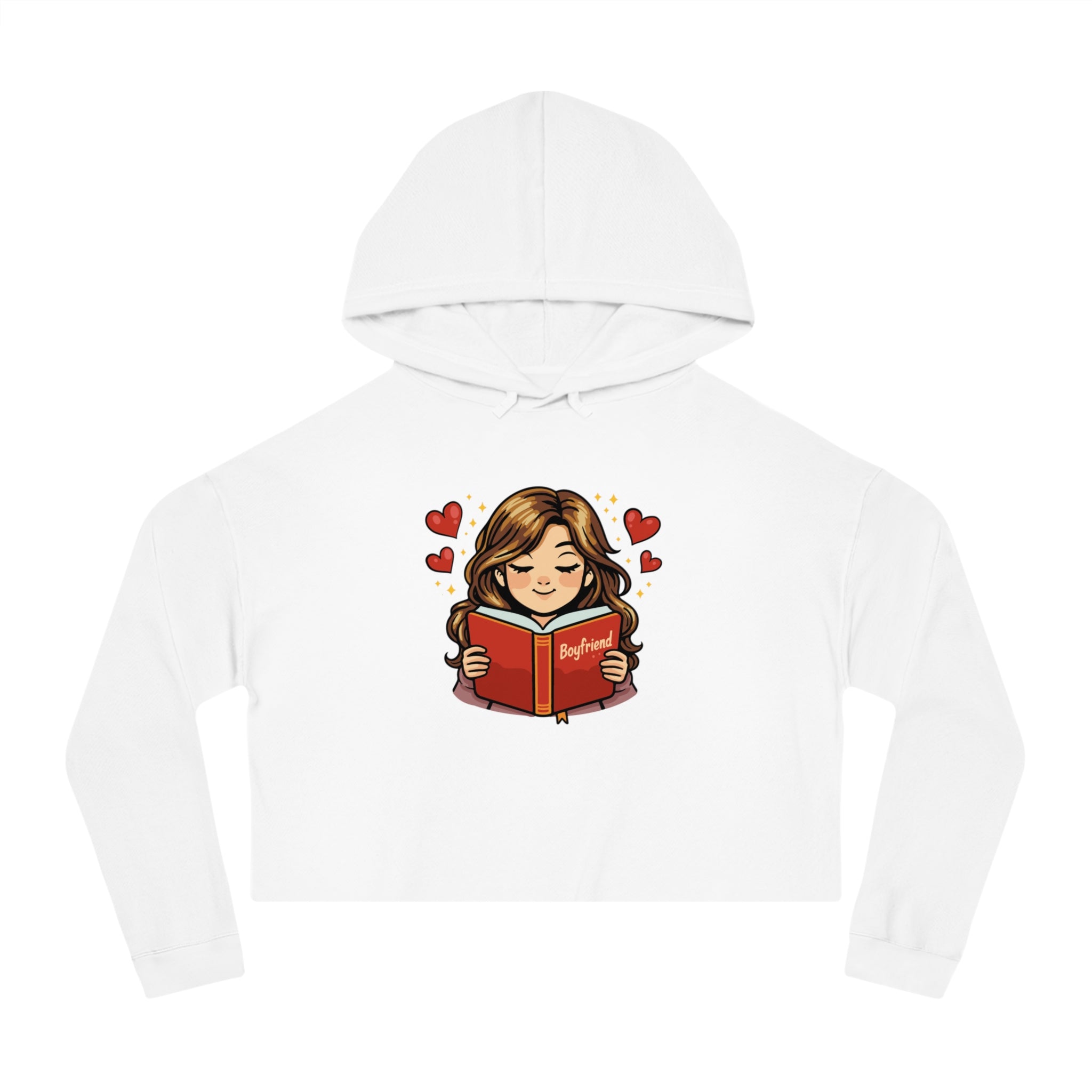 Cropped white hoodie with cartoon girl reading a book titled "Boyfriend."