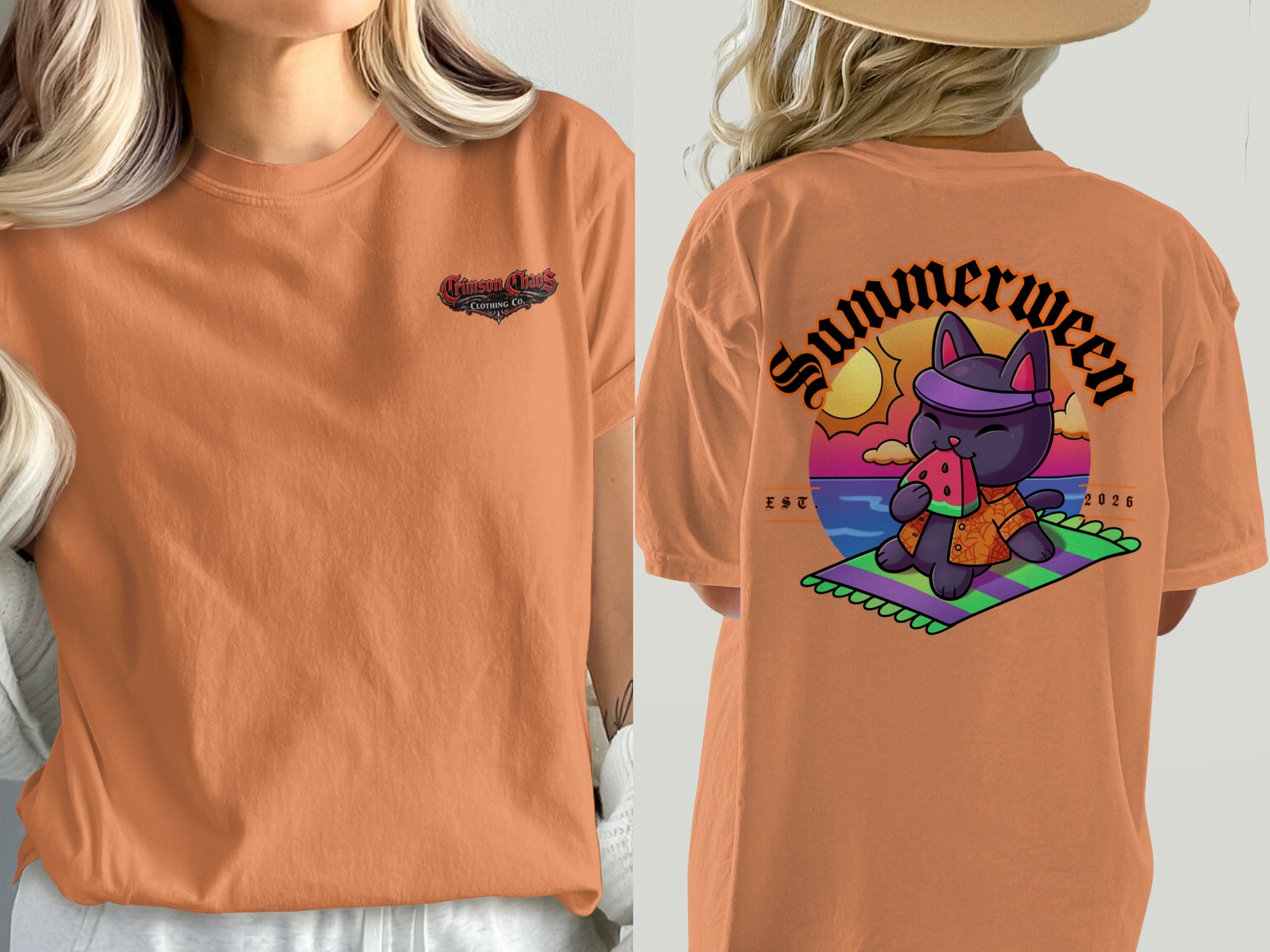 Orange t-shirt with Crimson Chaos Clothing Co. logo on front and cat eating watermelon graphic on back.